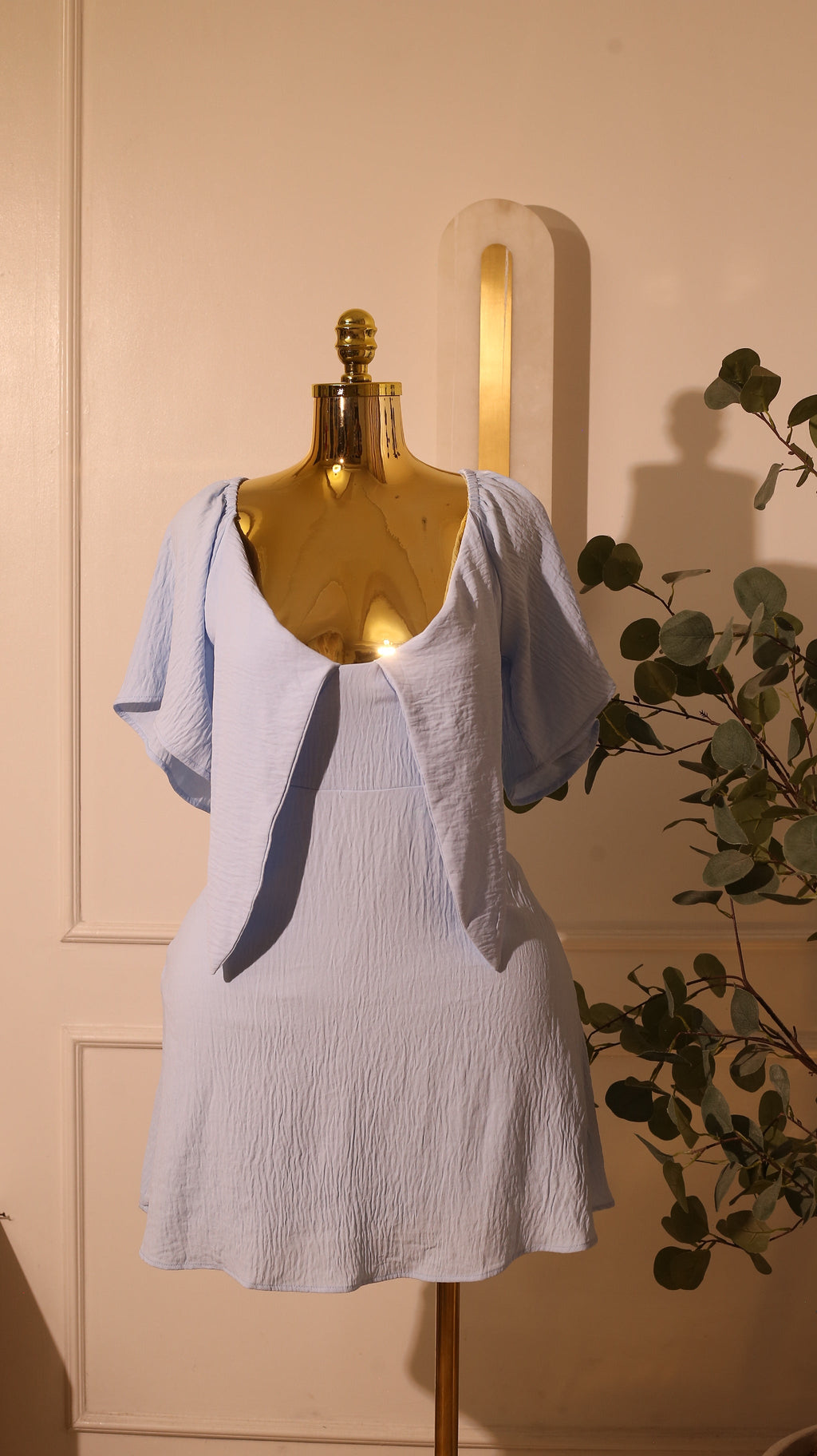 Light Blue Puff Sleeve Babydoll Solid Mini Dress