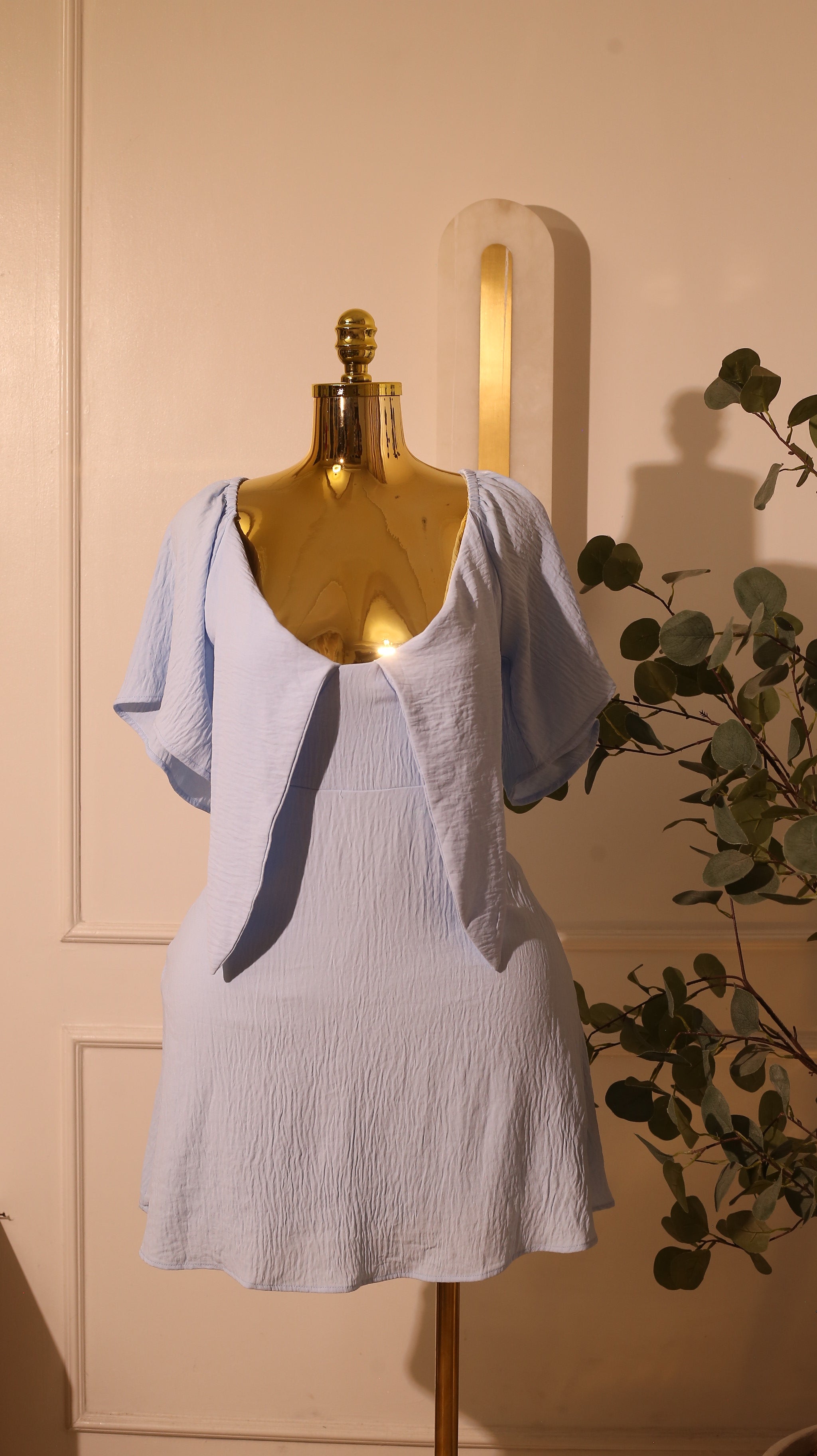 Light Blue Puff Sleeve Babydoll Solid Mini Dress