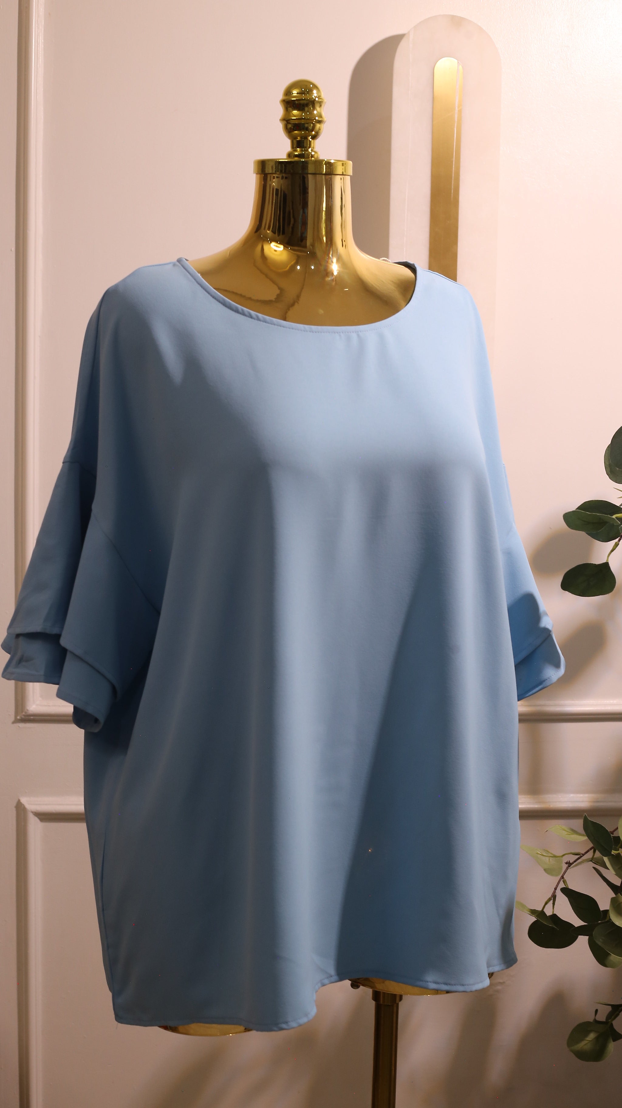 Light Blue Round-Neck Top Or Tunic With Tiered Ruffle Sleeves