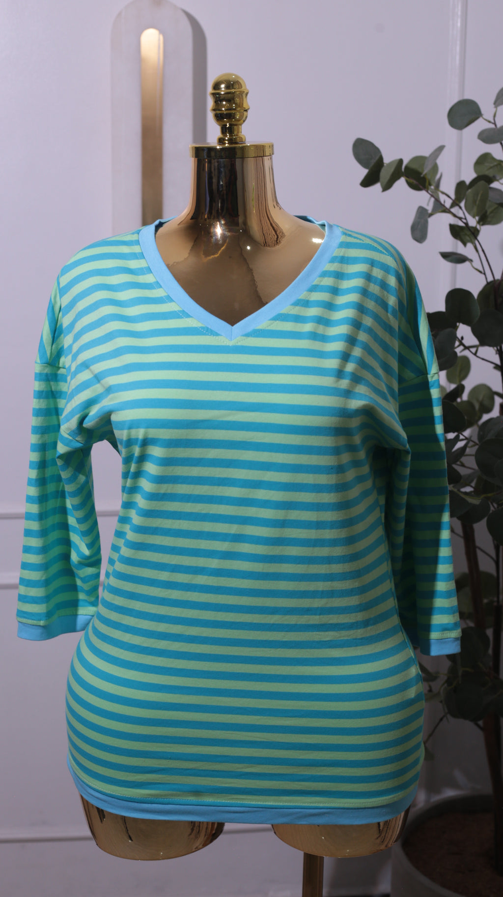 Light Green Blue Striped Pajama Top
