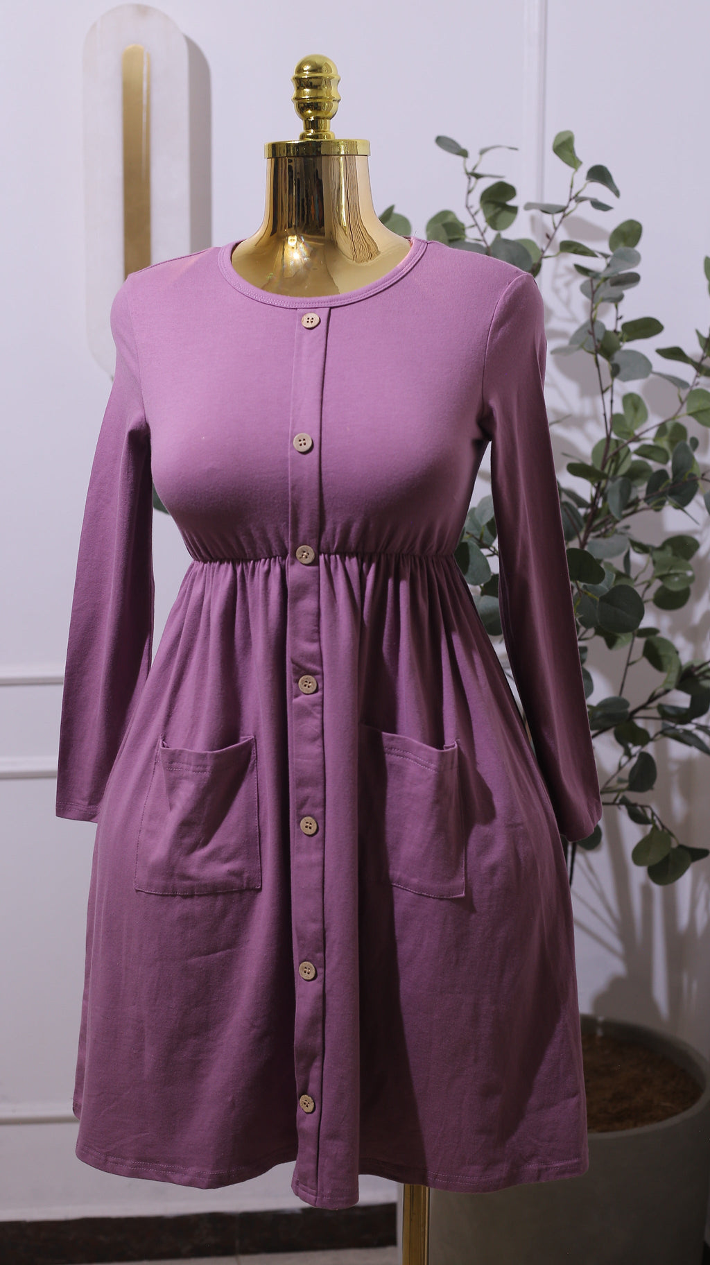 Long-sleeved Purple Button-front Dress