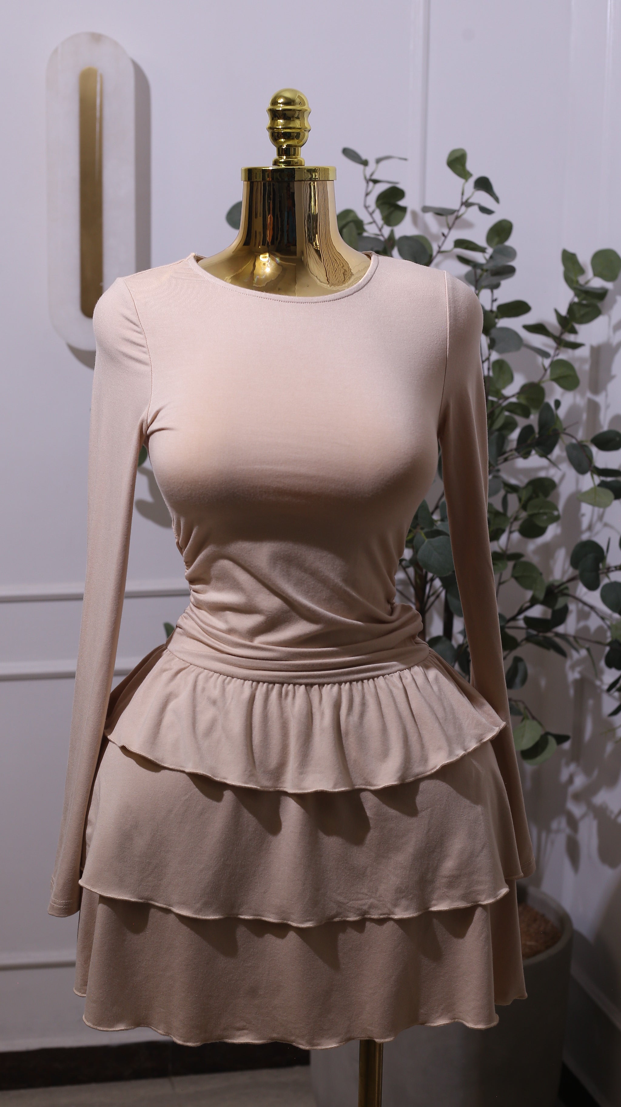 Long-sleeved, Tiered, Ruffled Mini Dress In A Light Beige Or Nude Color