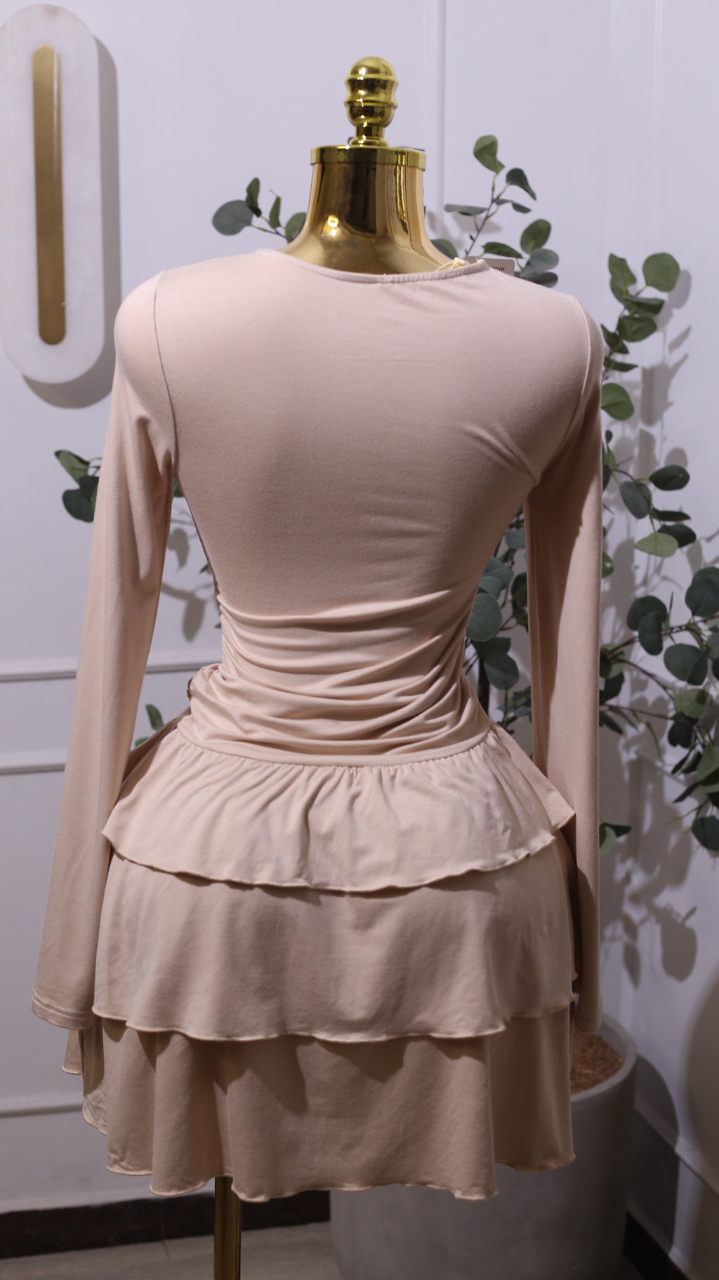 Long-sleeved, Tiered, Ruffled Mini Dress In A Light Beige Or Nude Color