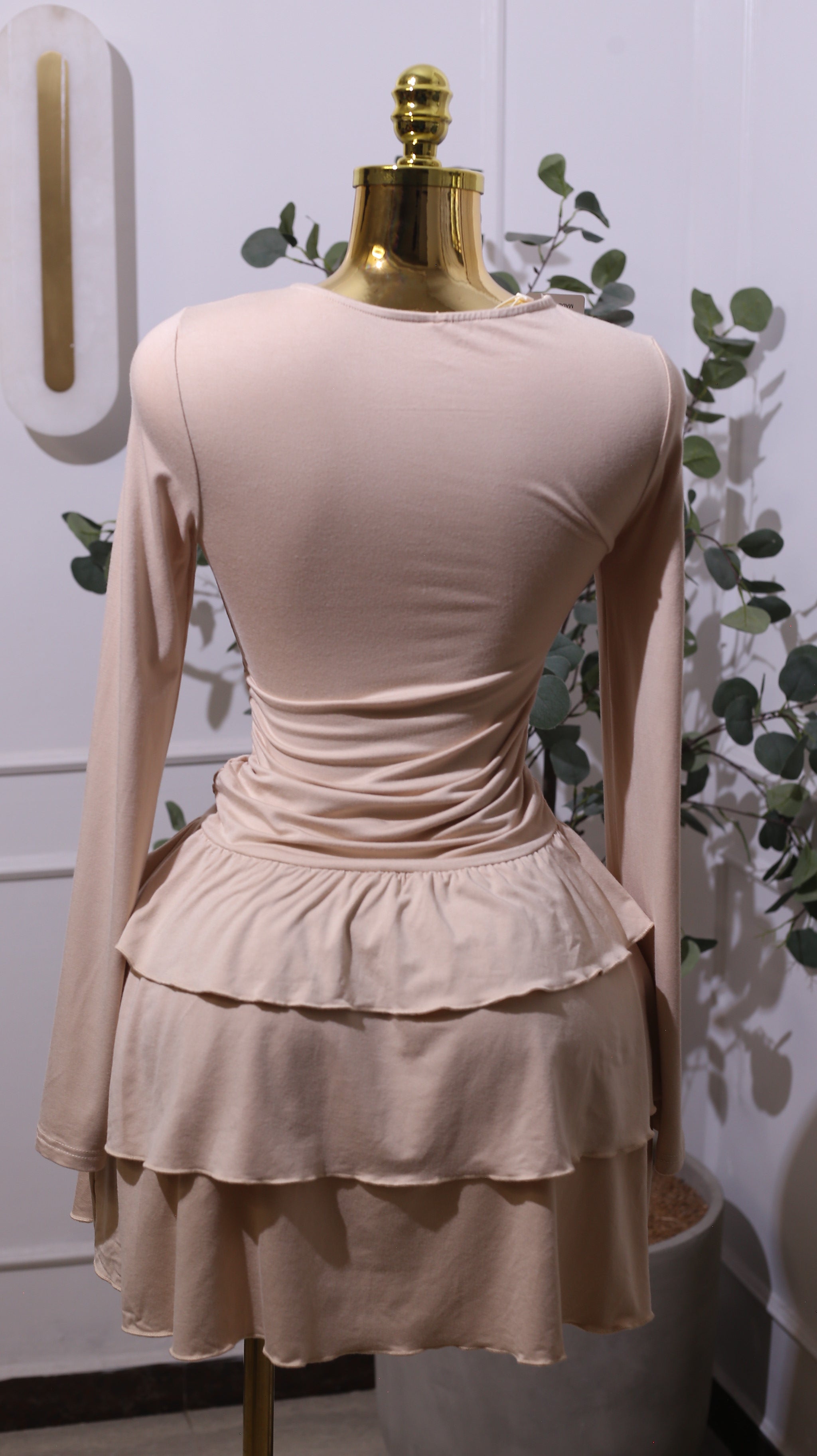 Long-sleeved, Tiered, Ruffled Mini Dress In A Light Beige Or Nude Color