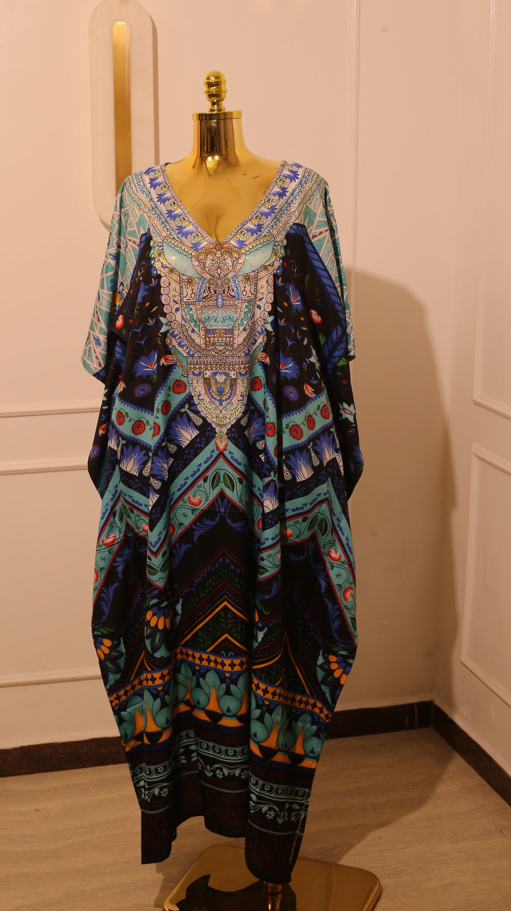 Multicolored Kaftan Dress With A V-Shaped Neckline And Elaborate Patterns