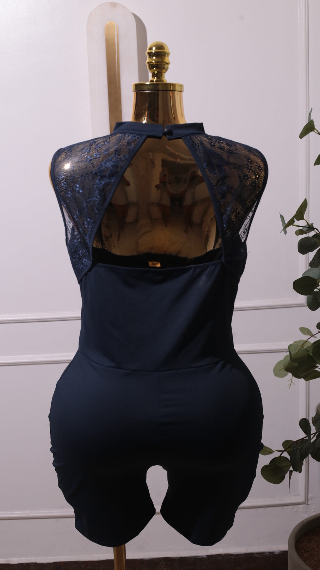 Navy Blue Lace-bodice Romper Or Jumpsuit