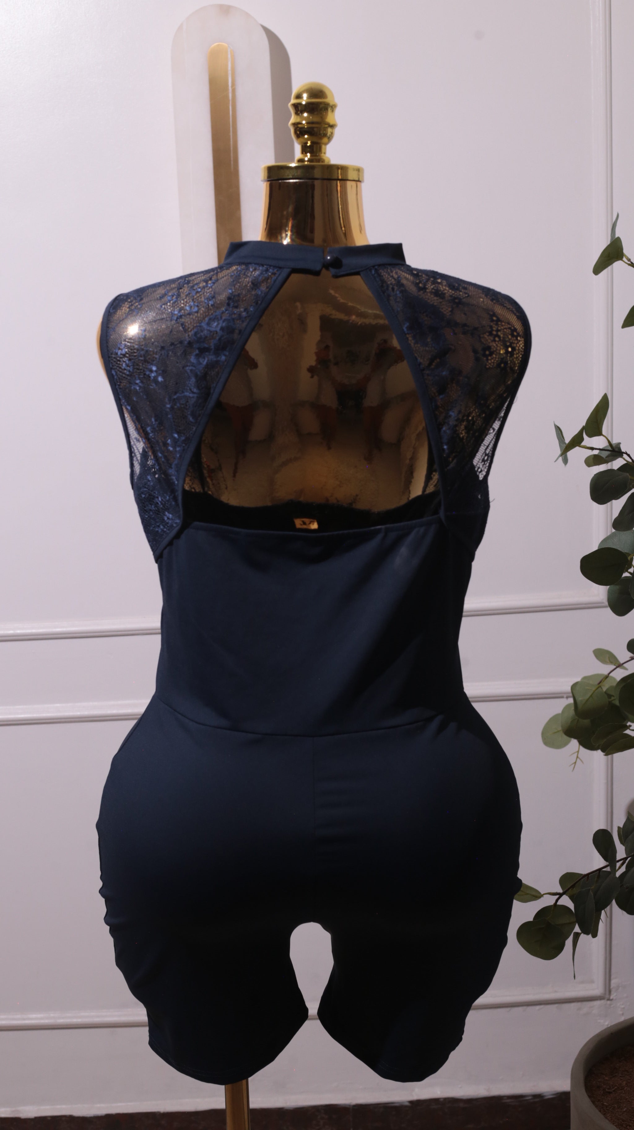 Navy Blue Lace-bodice Romper Or Jumpsuit