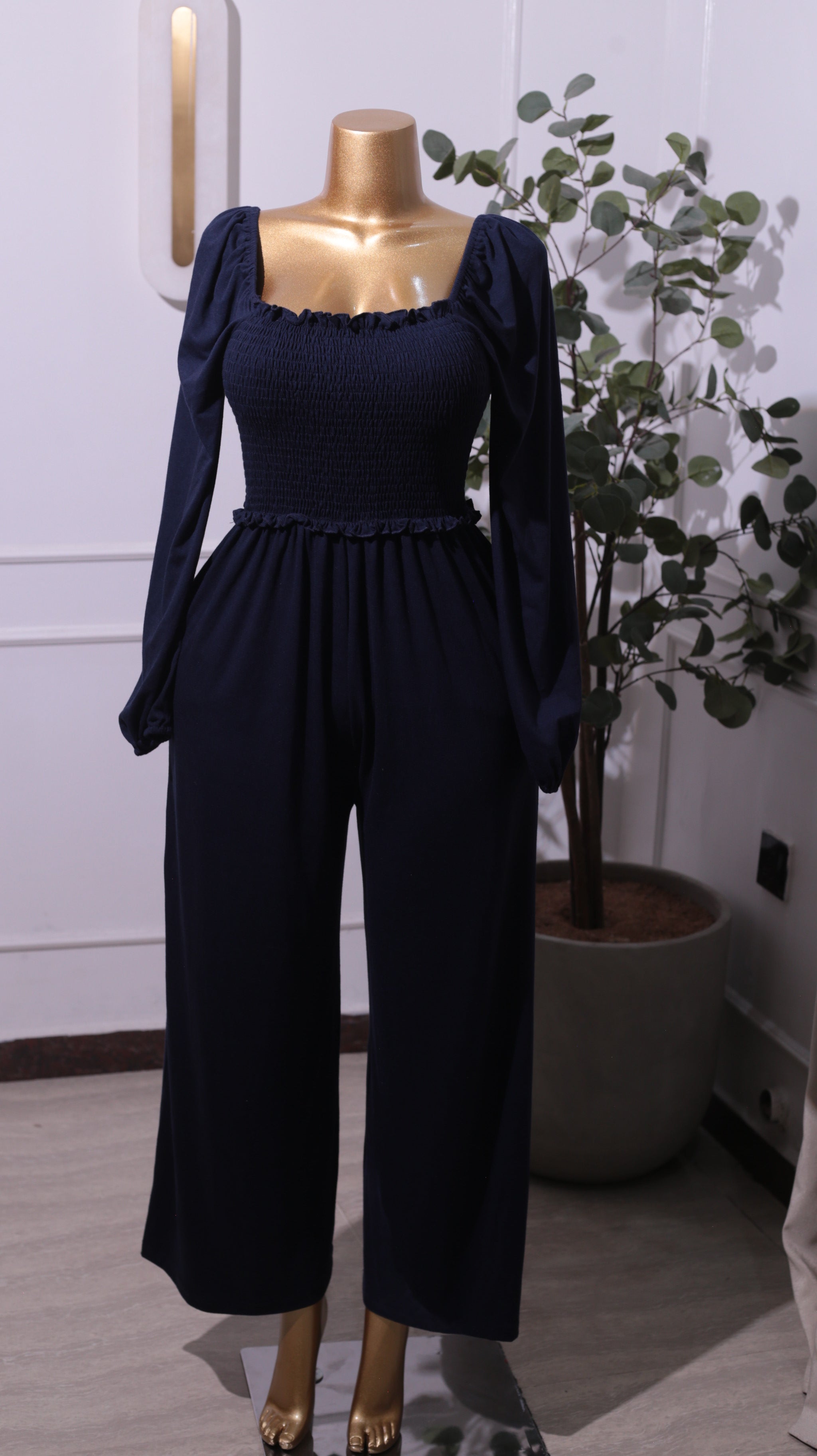 Navy Blue Shirred Square-Neck Wide-Leg Jumpsuit