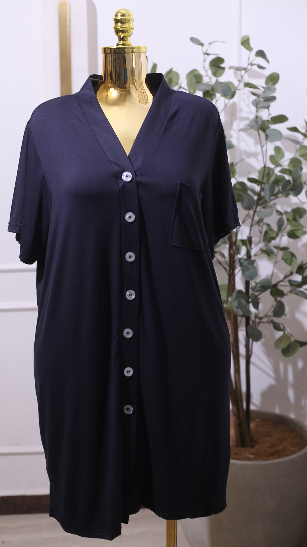 Navy Blue, Short-sleeve, Button-down Nightshirt Or Sleep Dress