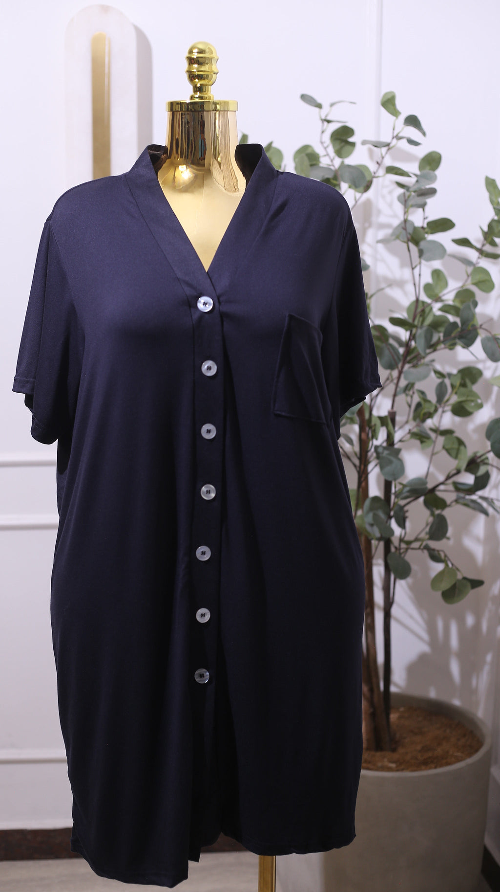 Navy Blue, Short-sleeve, Button-down Nightshirt Or Sleep Dress
