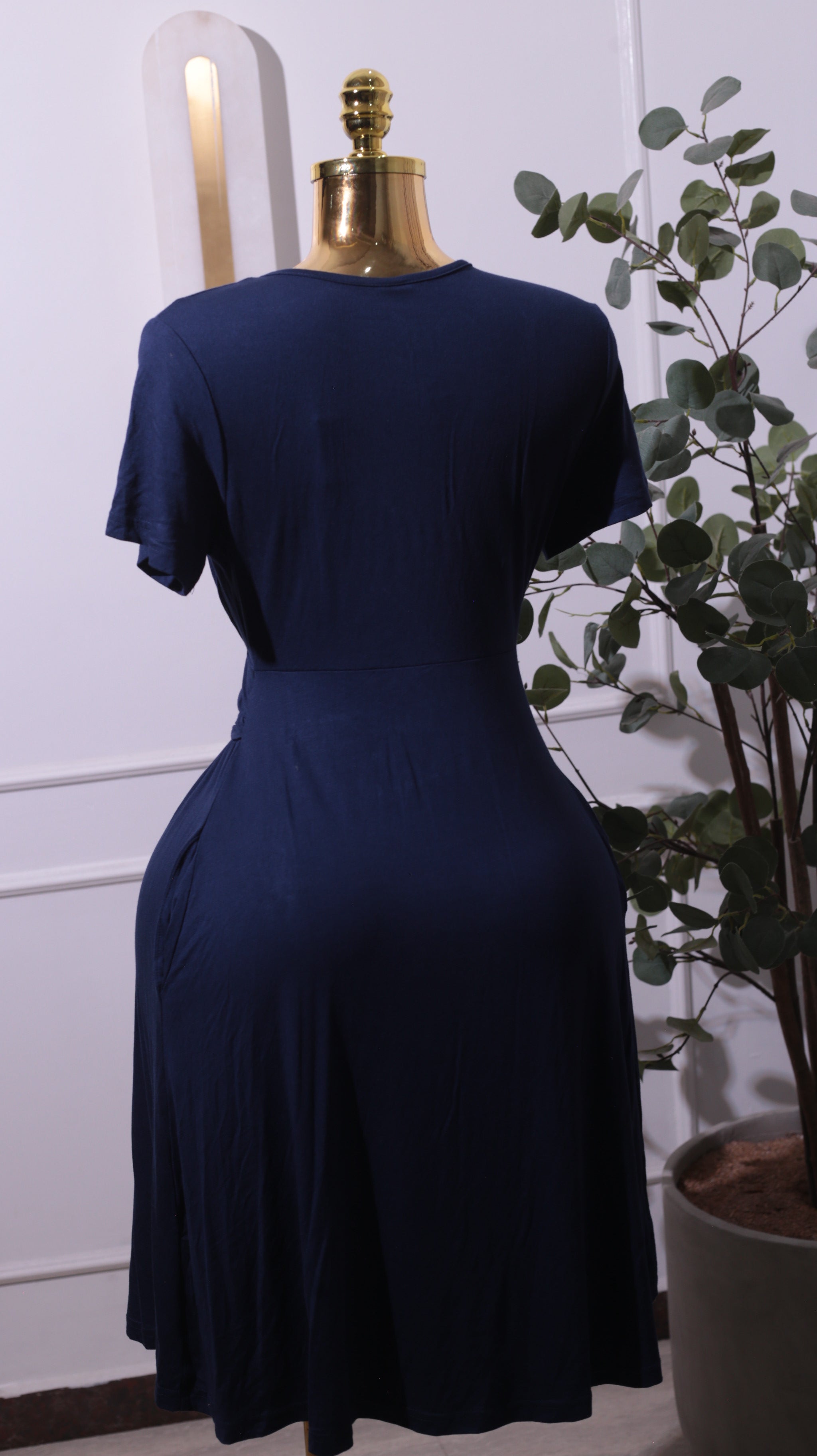 Navy Blue V-Neck Pocket Mini Dress