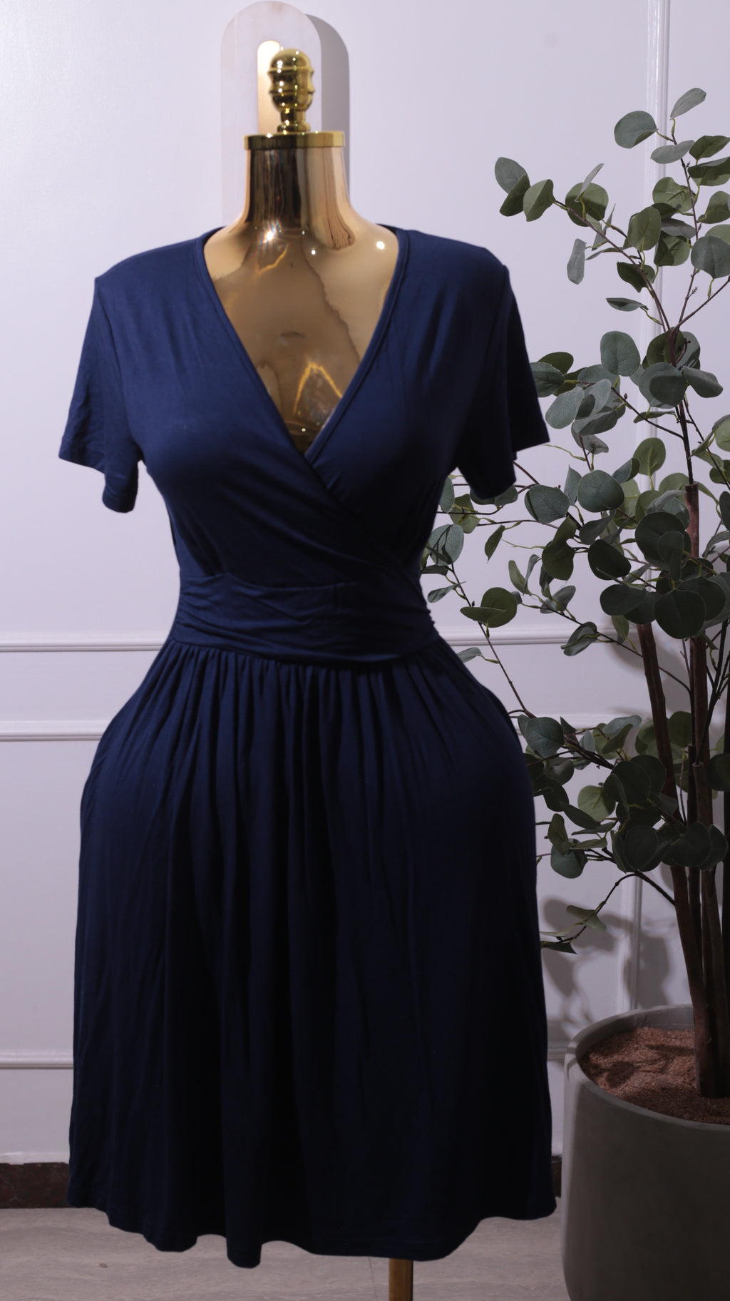 Navy Blue V-Neck Pocket Mini Dress