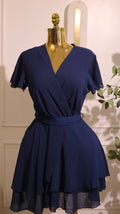 Navy Blue V-Neck Short Sleeve Ruffle Mini Dress