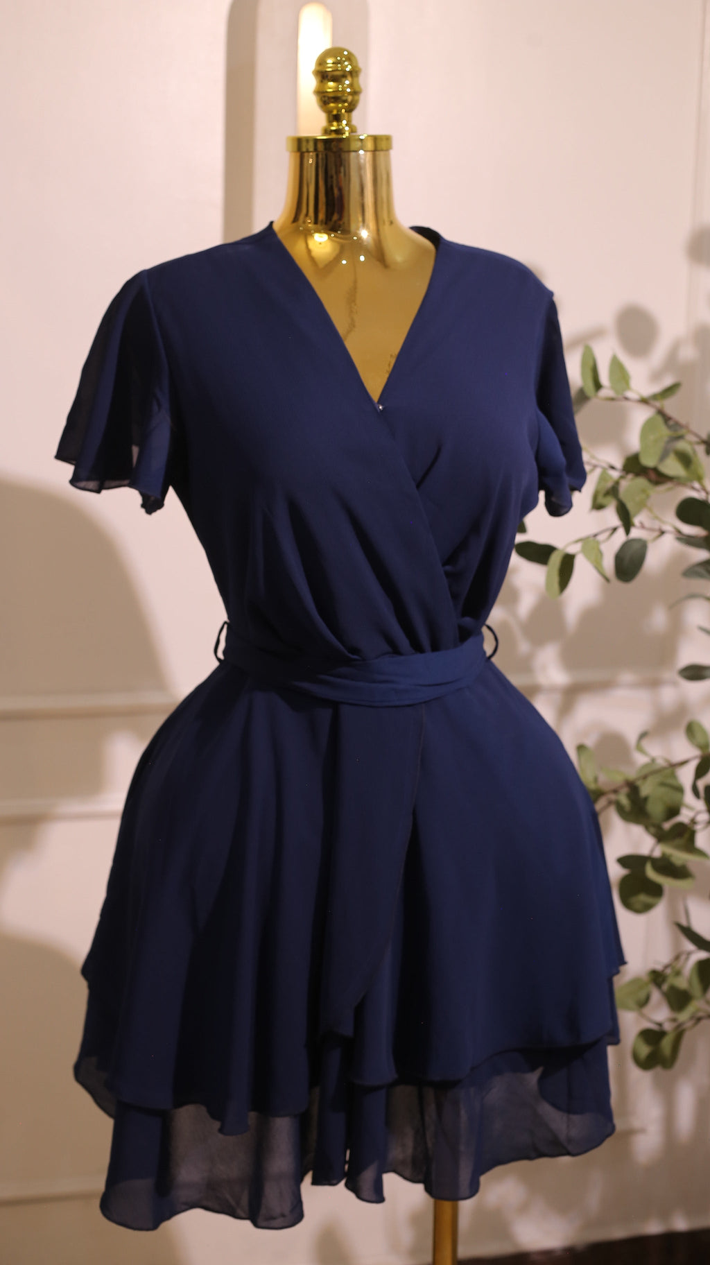 Navy Blue V-Neck Short Sleeve Ruffle Mini Dress