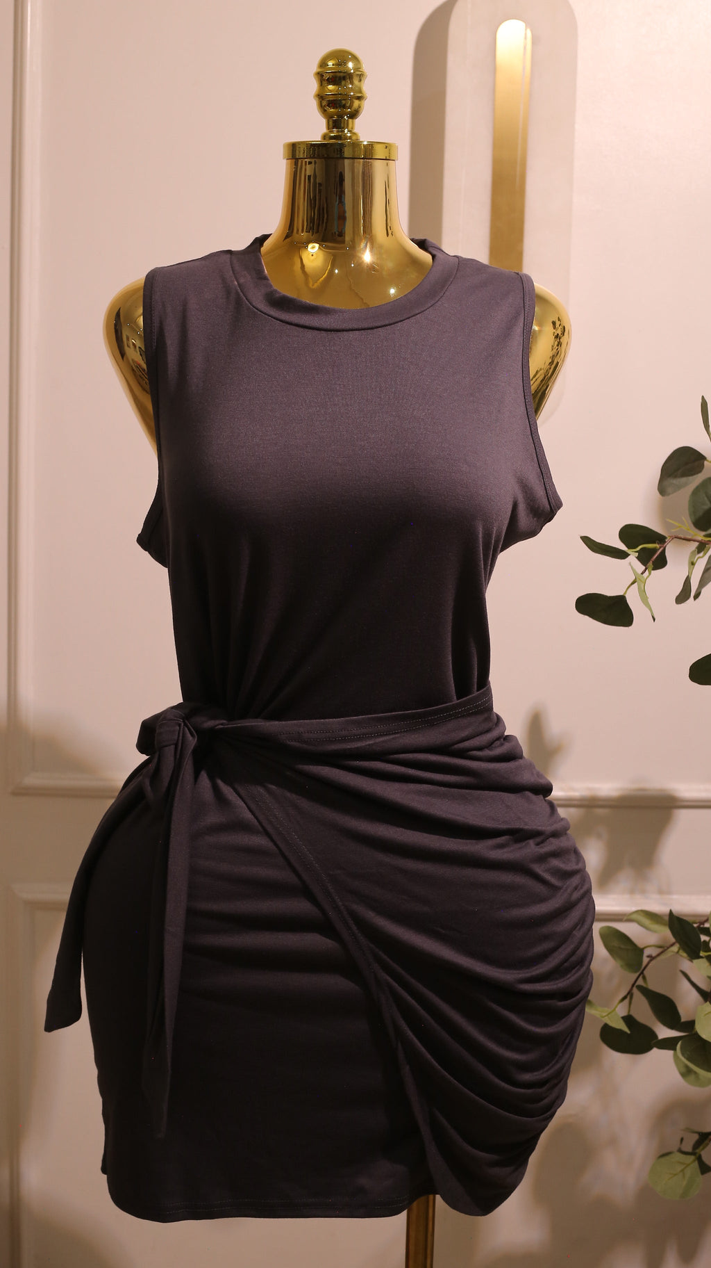 Navy Blue  Short-Sleeve  Crew-Neck Faux Wrap Dress With A Side Tie Detail