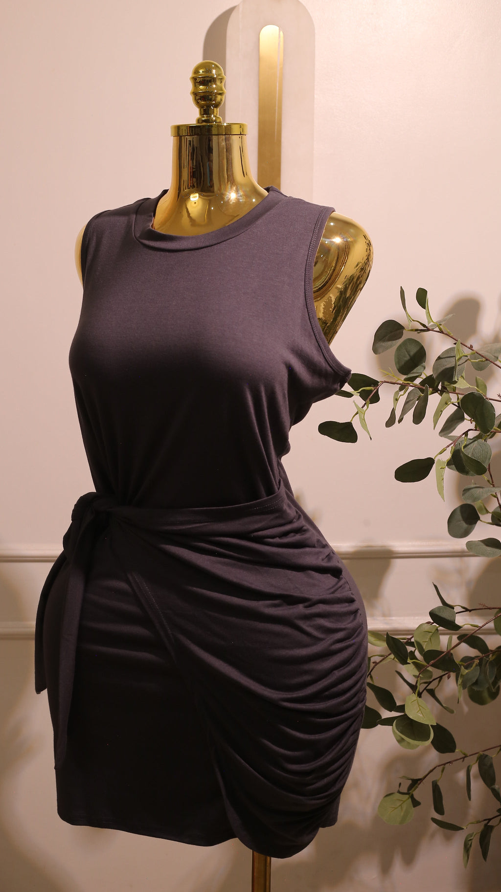 Navy Blue  Short-Sleeve  Crew-Neck Faux Wrap Dress With A Side Tie Detail