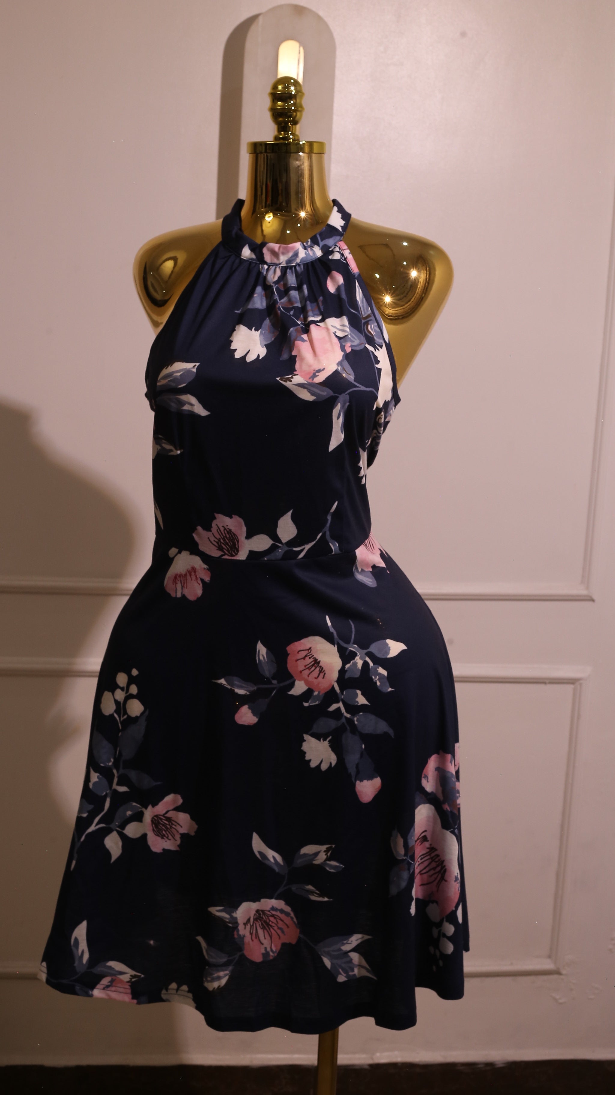 Navy Floral Halter-Neck Dress