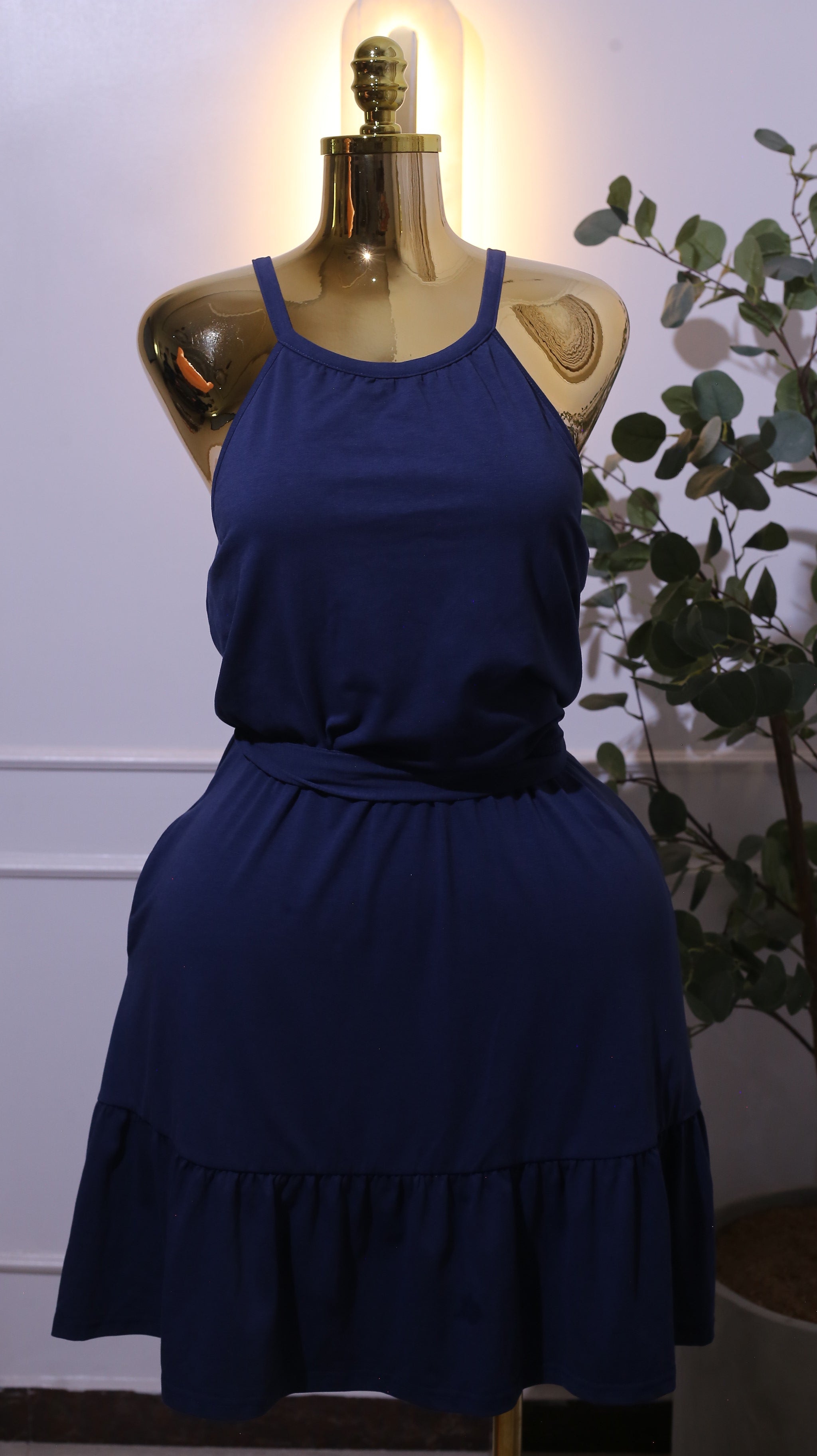 Navy Halter Mini Dress With Ruffle Hem