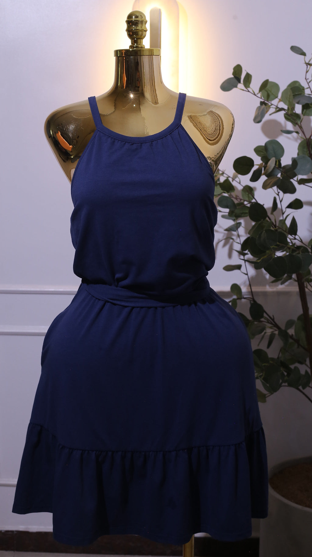 Navy Halter Mini Dress With Ruffle Hem