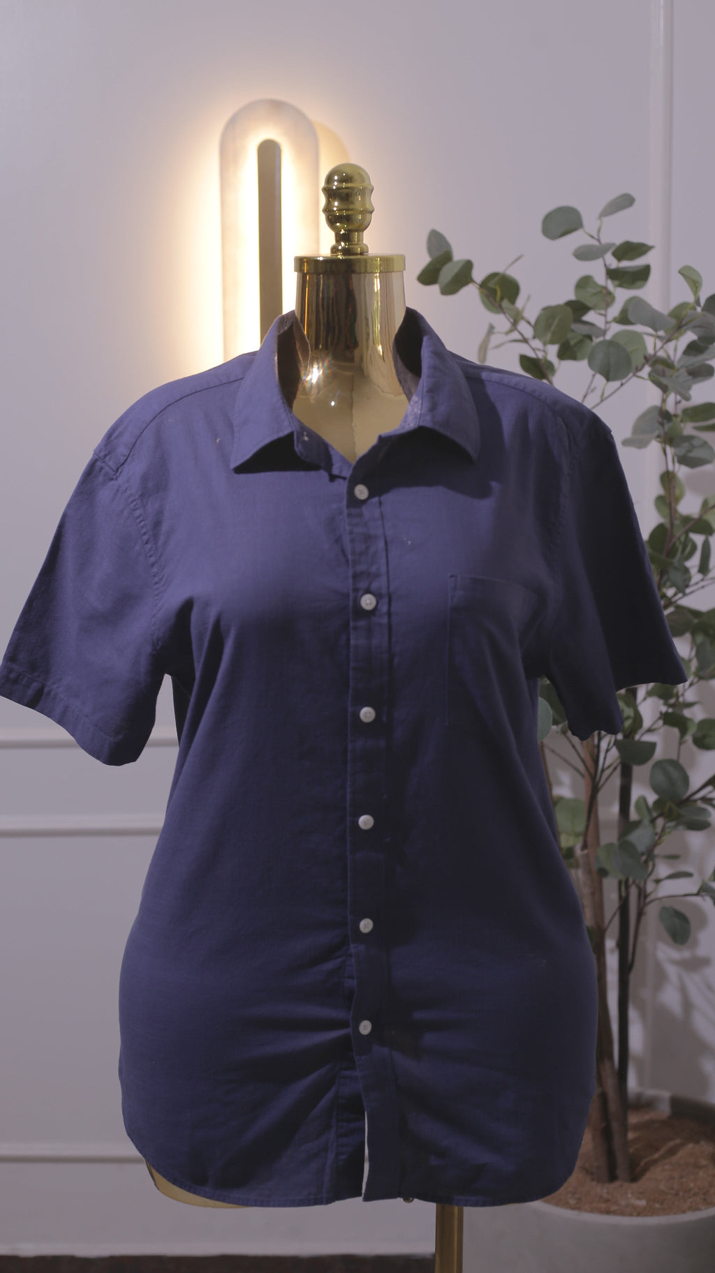Navy Linen-Blend Short-Sleeve Shirt