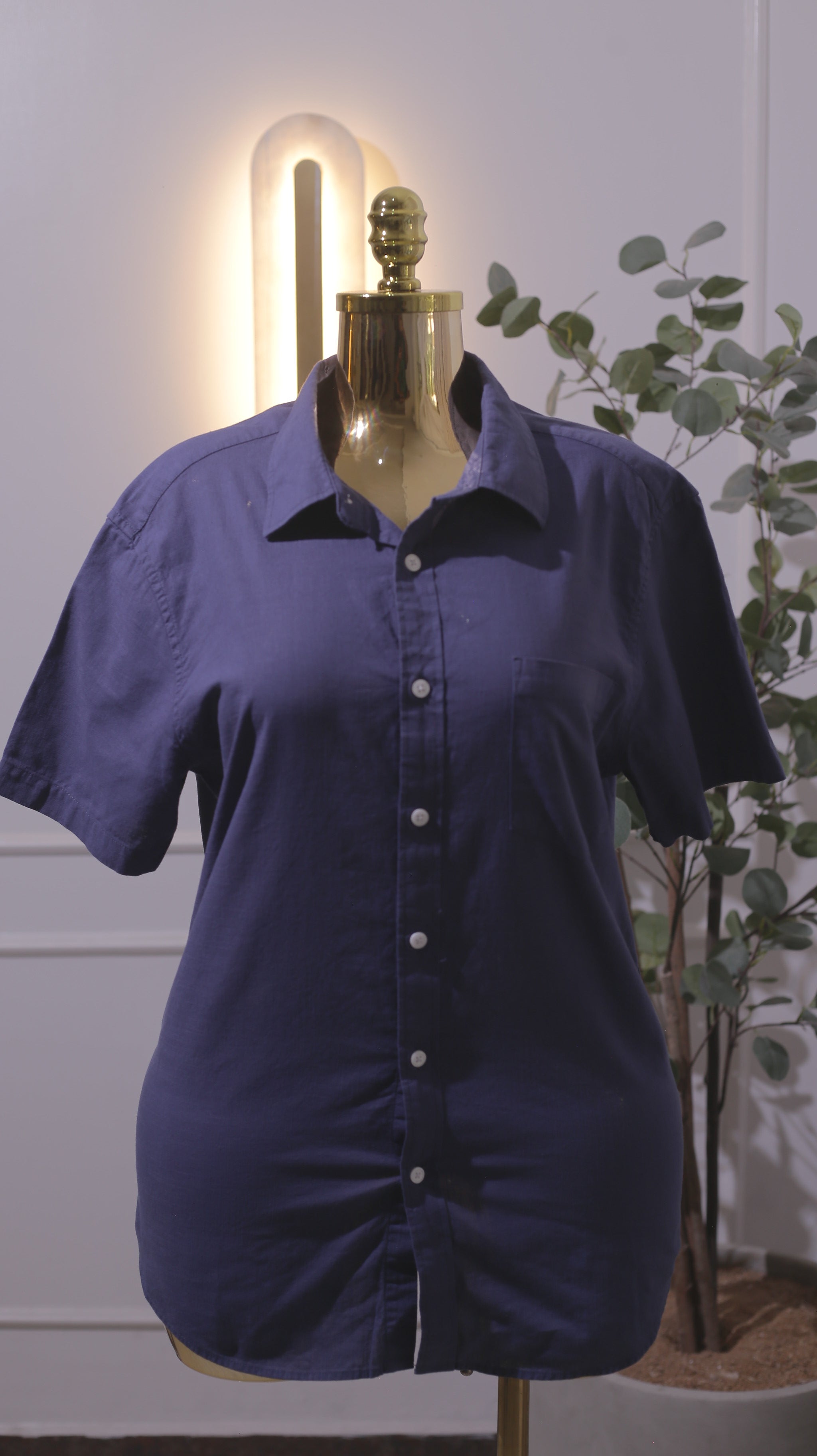 Navy Linen-Blend Short-Sleeve Shirt