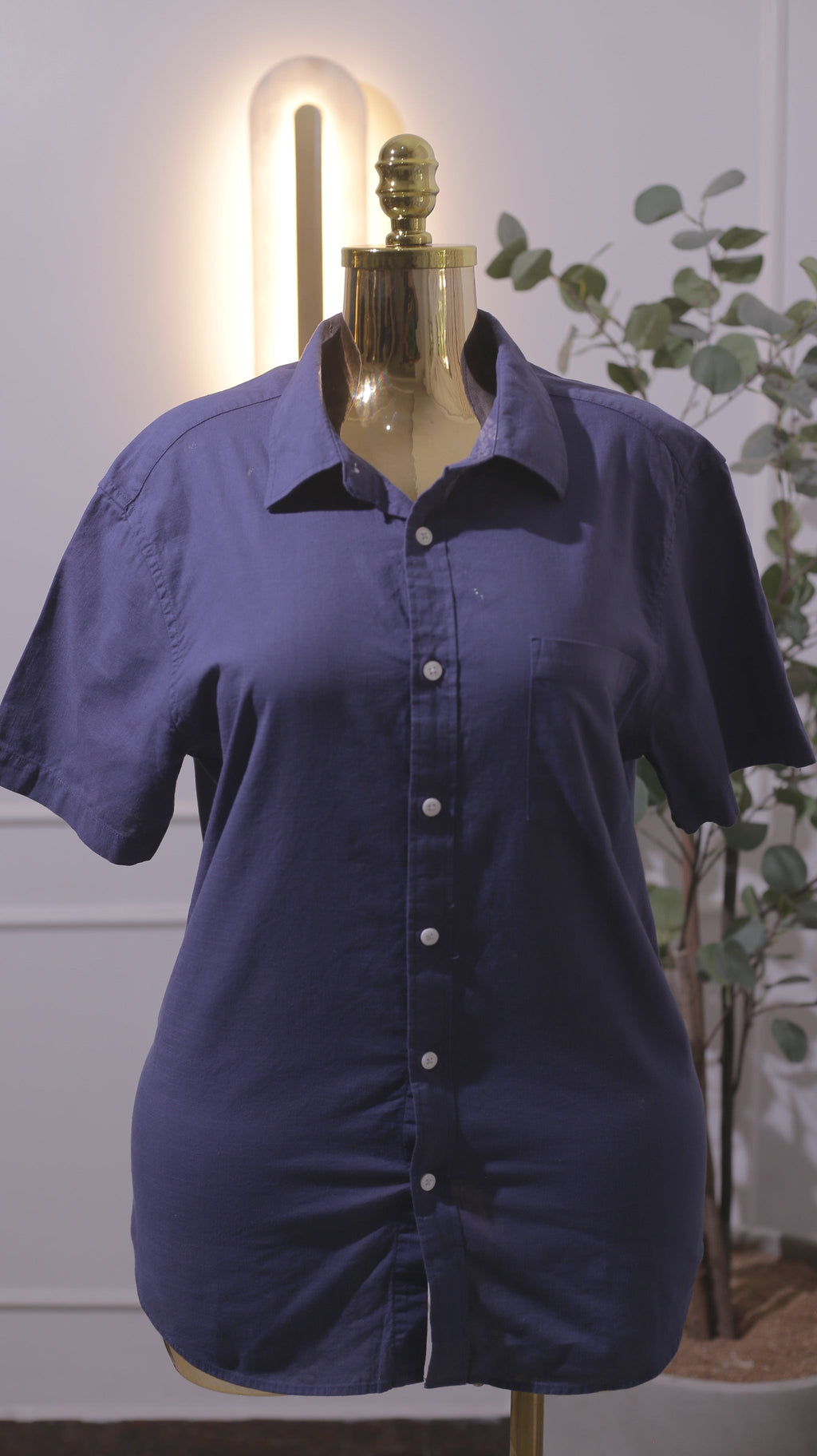 Navy Linen-Blend Short-Sleeve Shirt