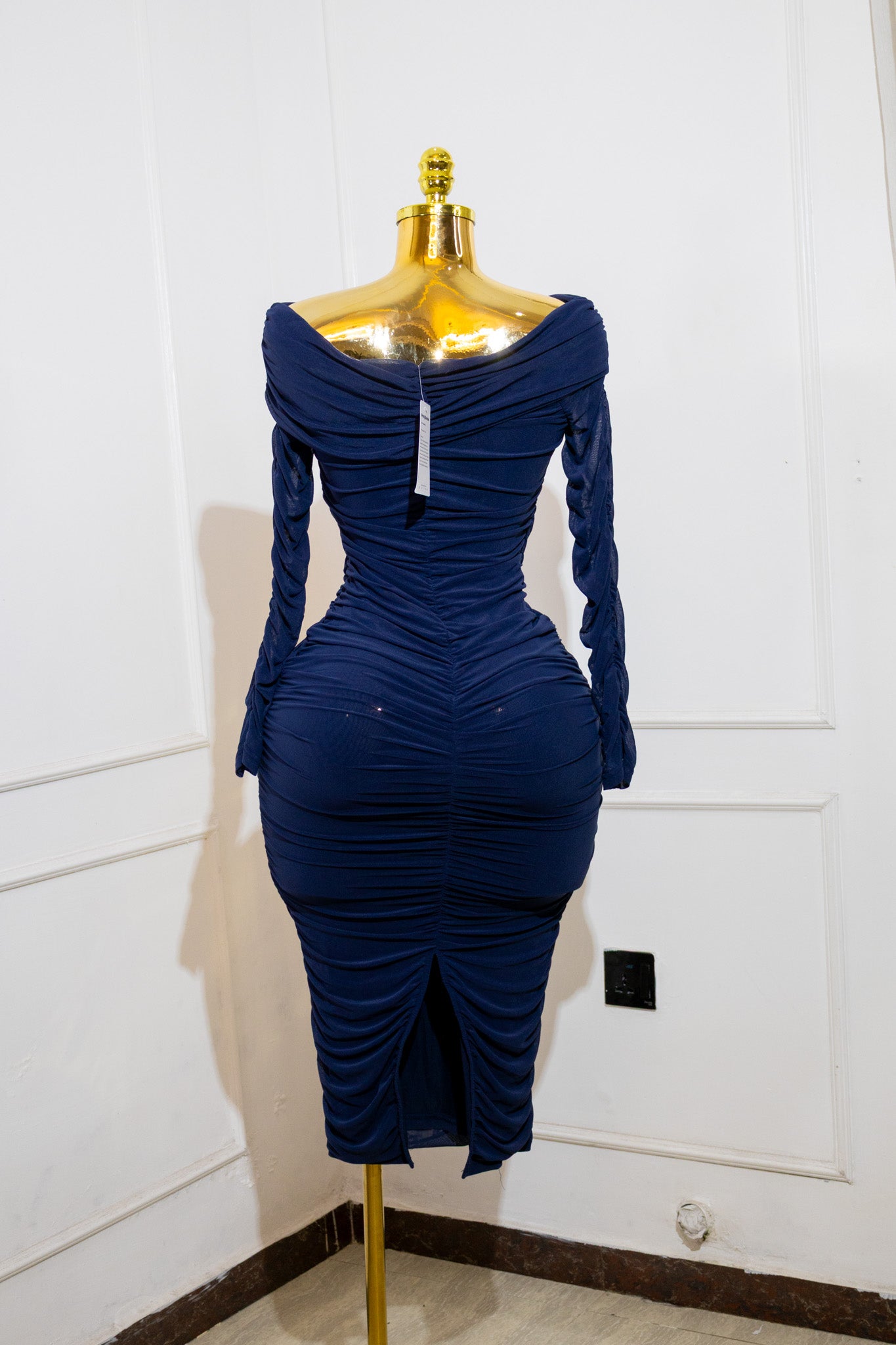 Navy Off-Shoulder Ruched Bodycon Dress