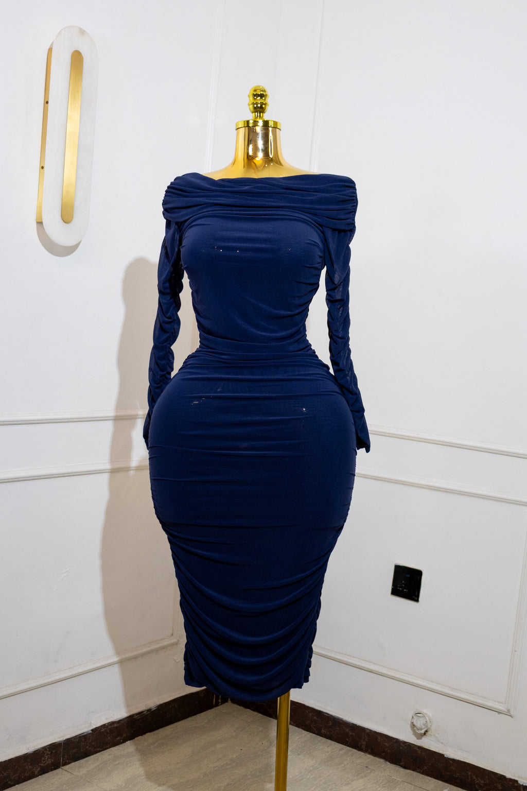 Navy Off-Shoulder Ruched Bodycon Dress