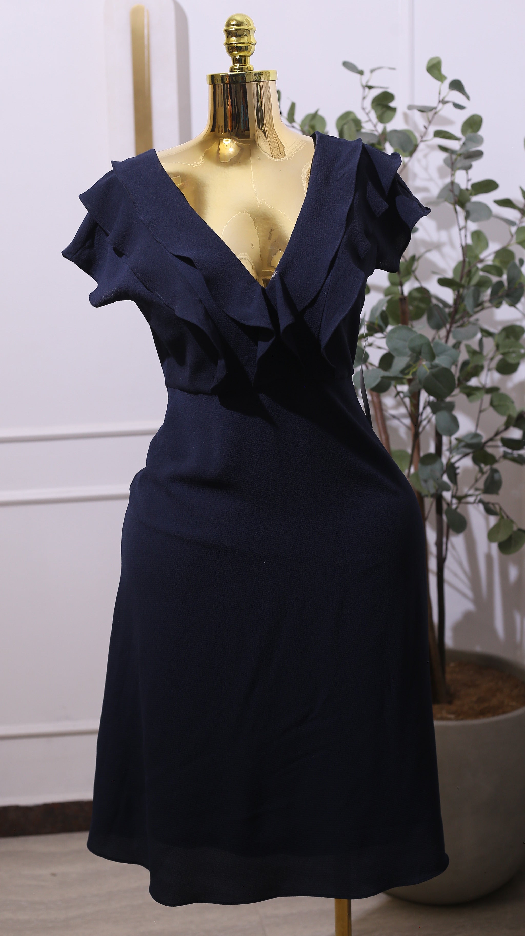 Navy Ruffled Midi Dress