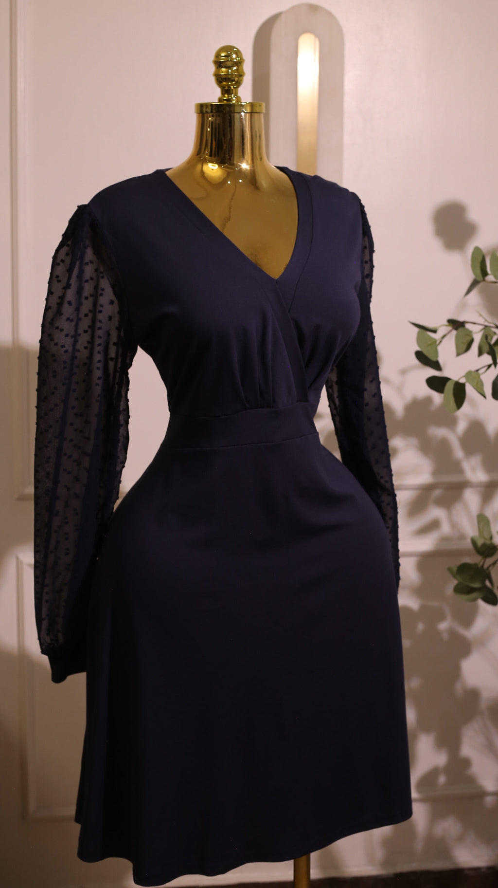 Navy Blue Wrap Dress with Mesh Sleeves