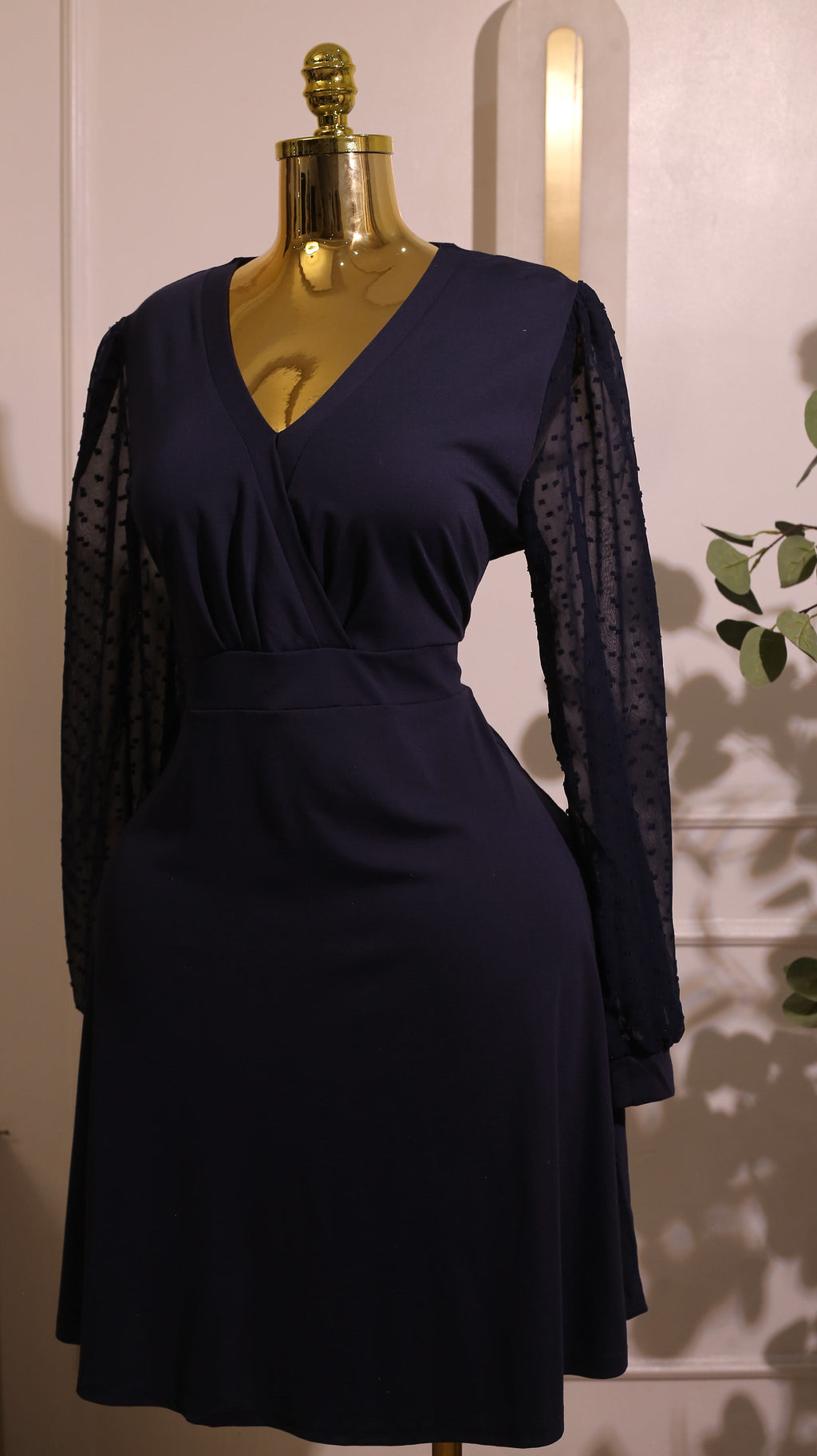 Navy Blue Wrap Dress with Mesh Sleeves