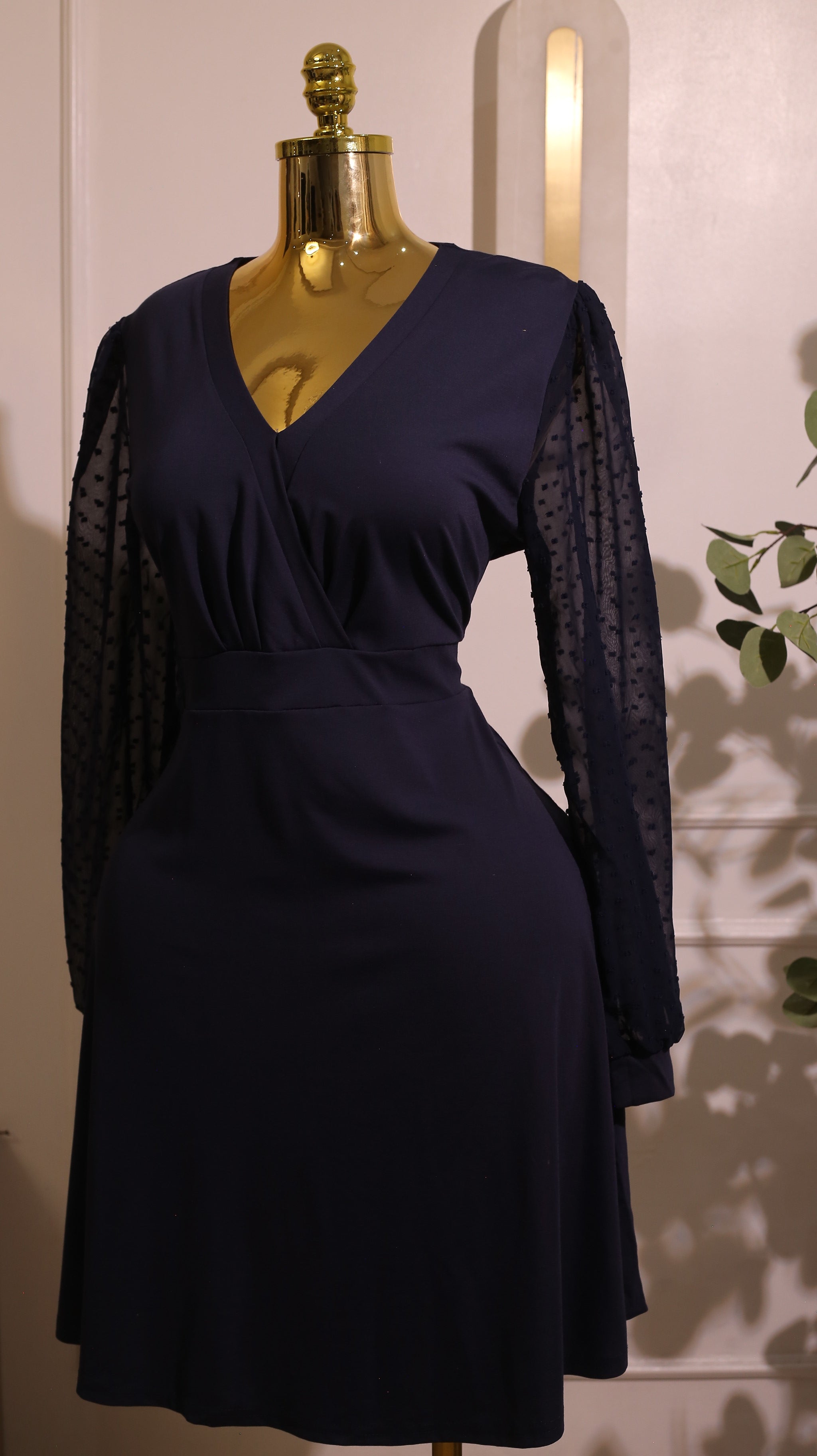 Navy Blue Wrap Dress with Mesh Sleeves
