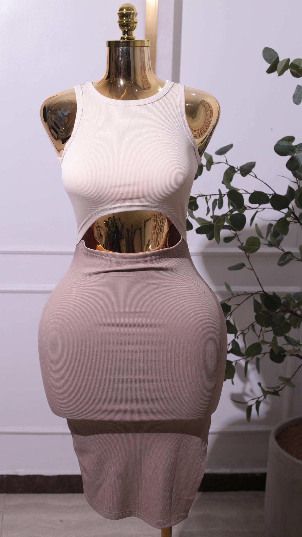 Neutral Cutout Side-Slit Midi Dress