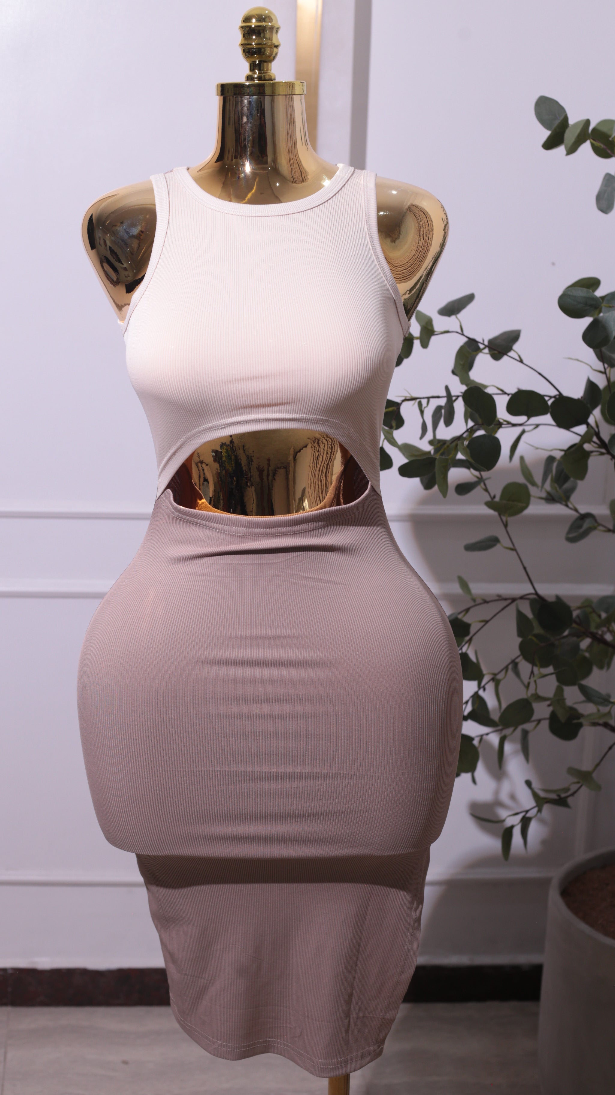 Neutral Cutout Side-Slit Midi Dress