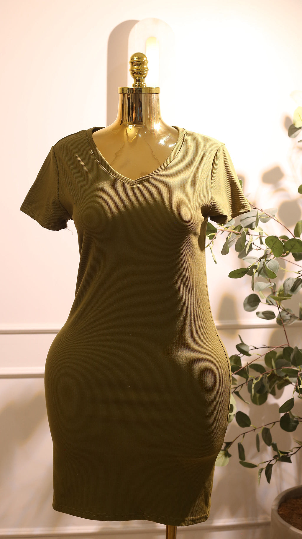 Olive Green Ribbed V-Neck Short-Sleeve Bodycon Dress