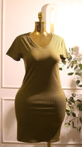 Olive Green Ribbed V-Neck Short-Sleeve Bodycon Dress