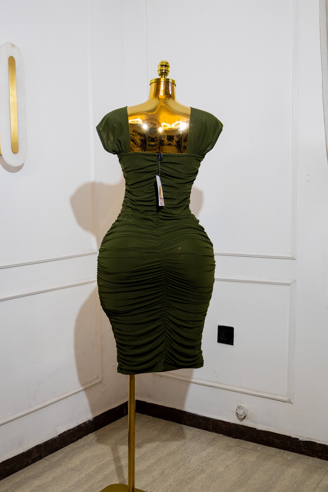 Olive Green Ruched Midi Bodycon Dress
