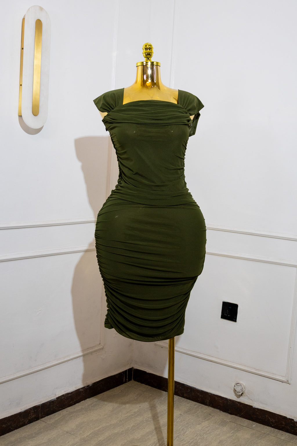 Olive Green Ruched Midi Bodycon Dress