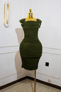 Olive Green Ruched Midi Bodycon Dress