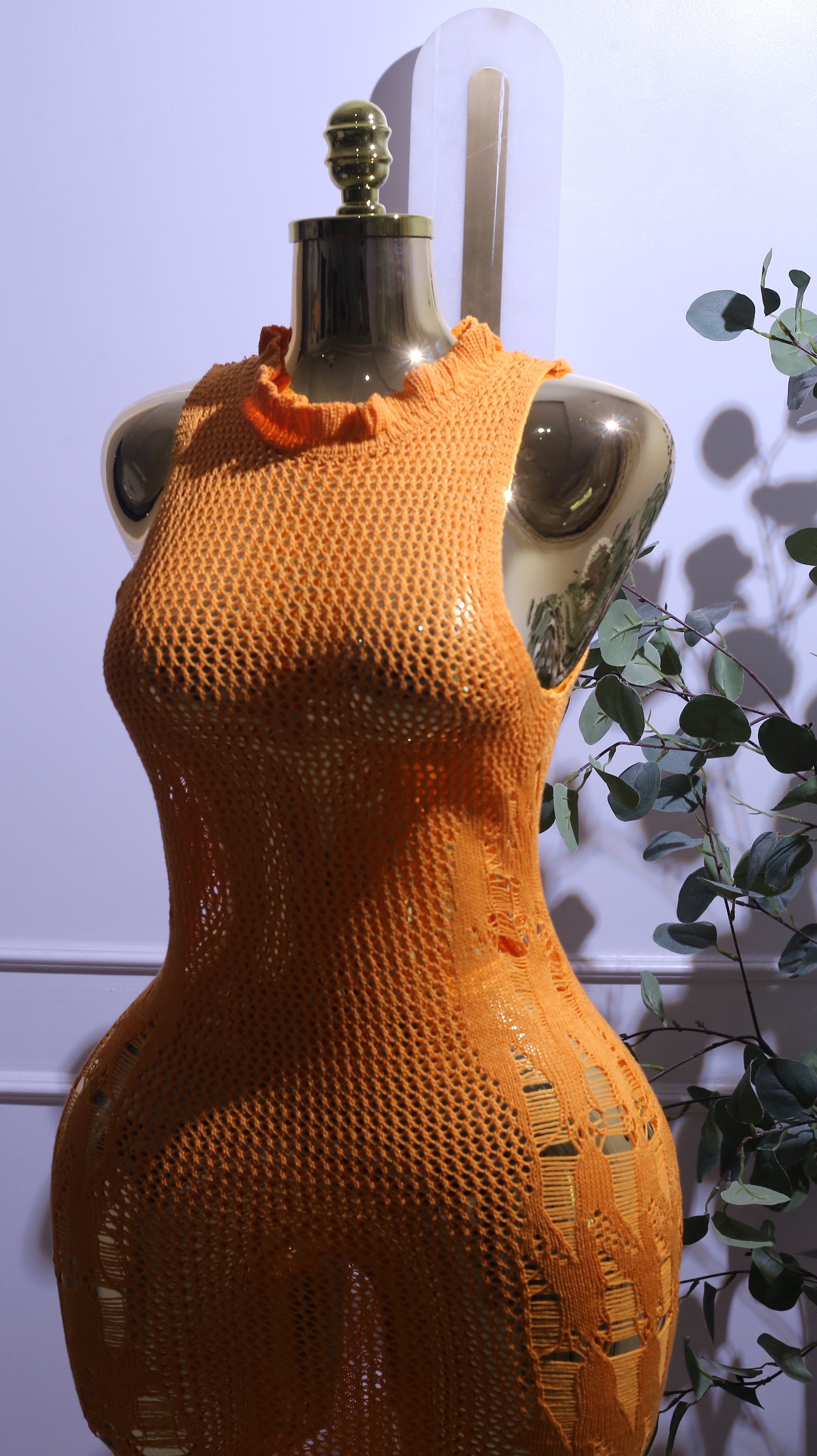 Orange Open-Knit Sleeveless Maxi Dress