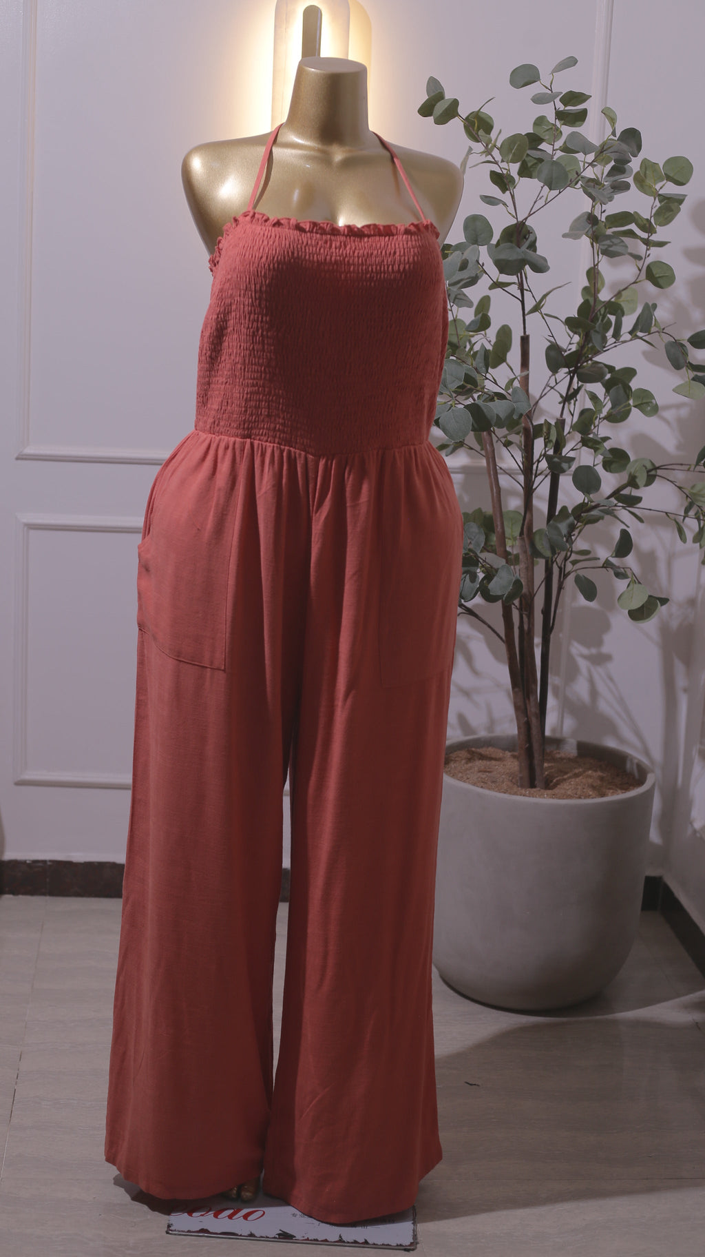 Orange Smocked Bandeau Wide-Leg Jumpsuit