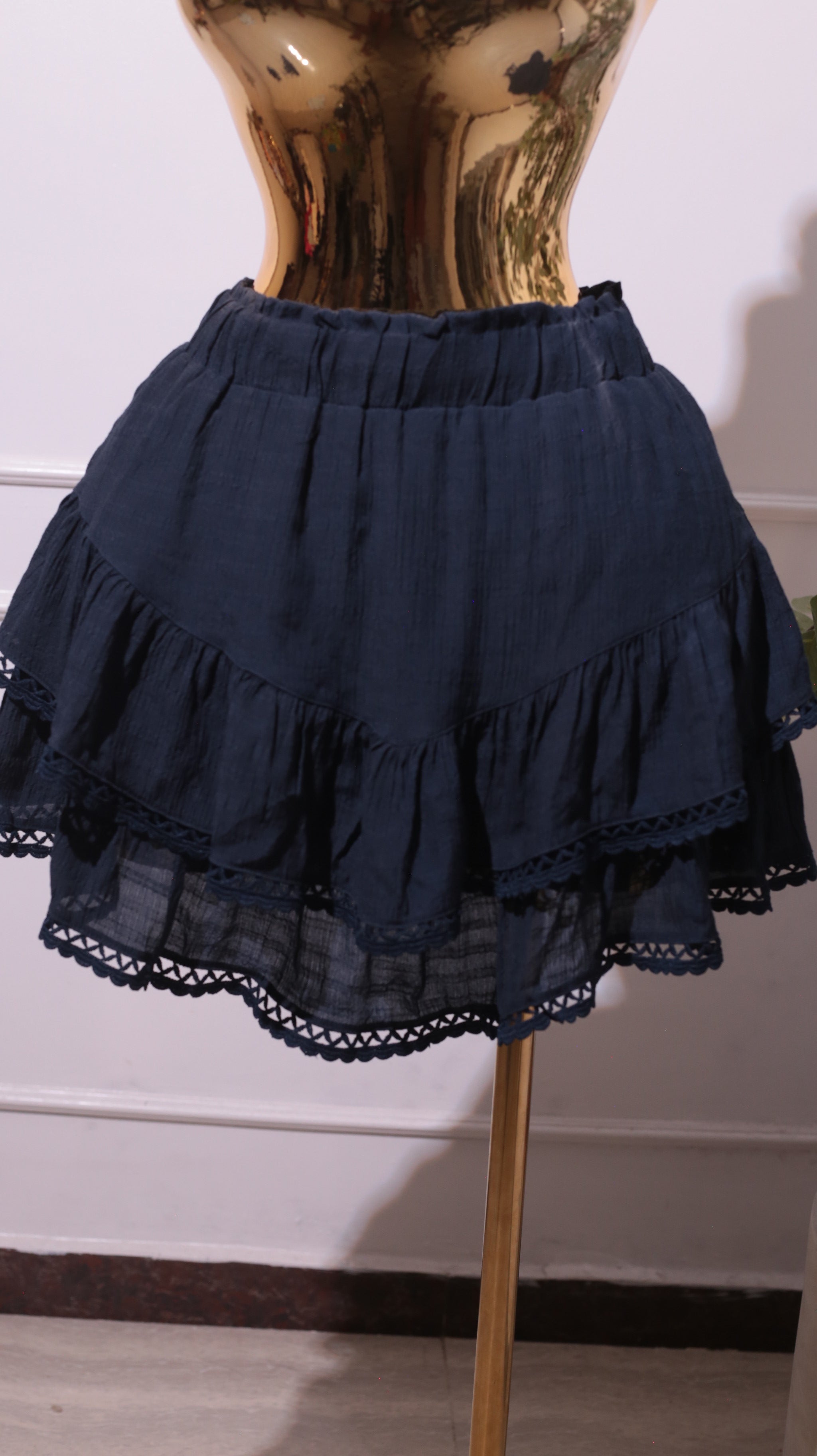 Pair Of Navy Blue Tiered Ruffle Skirts With Lace Trim And An Elastic Waistband