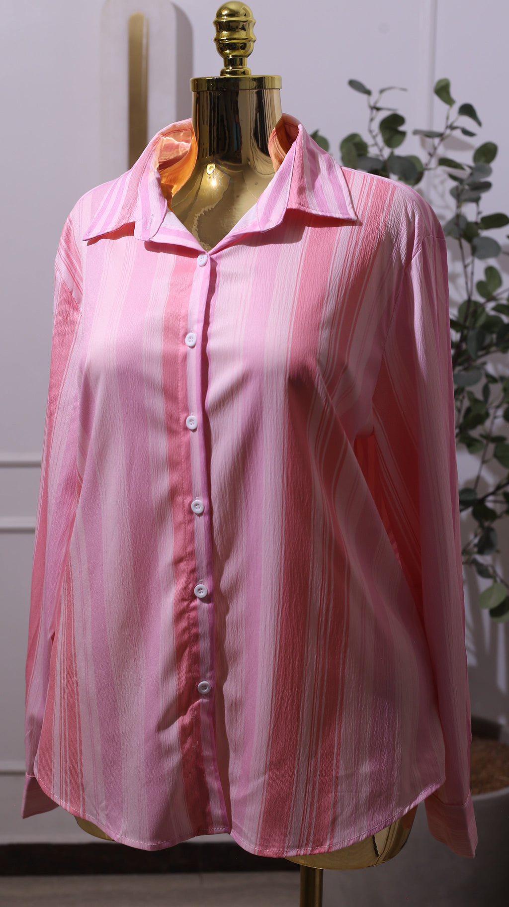 Pink And White Striped Long-sleeve Button-down Shirt