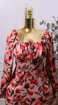 Pink Floral Square Neck Midi Dress