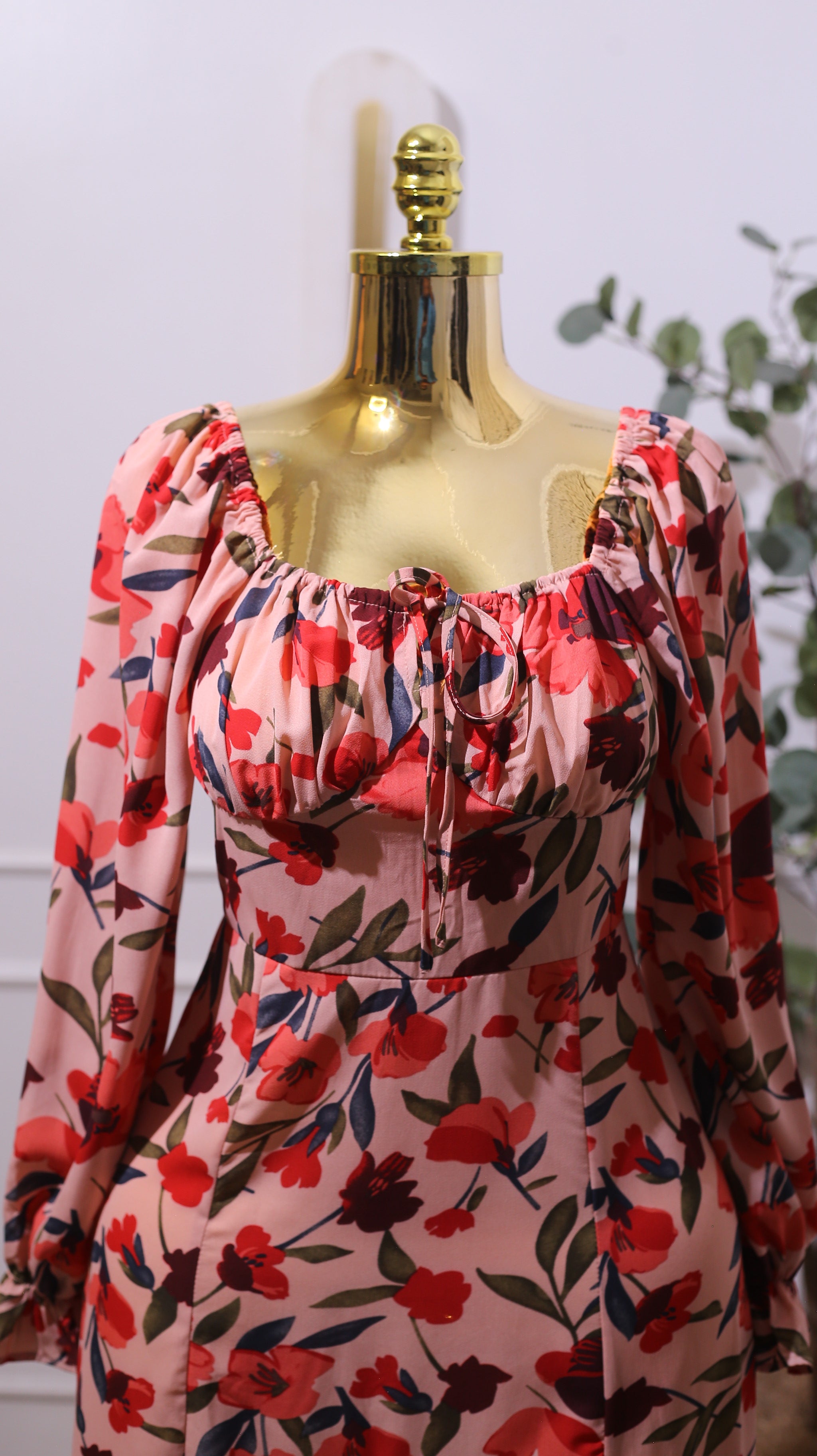 Pink Floral Square Neck Midi Dress