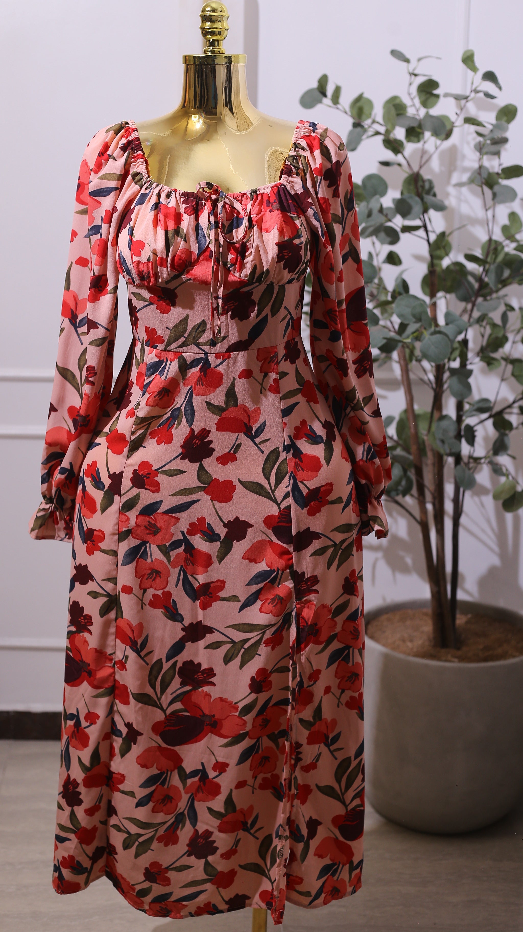 Pink Floral Square Neck Midi Dress