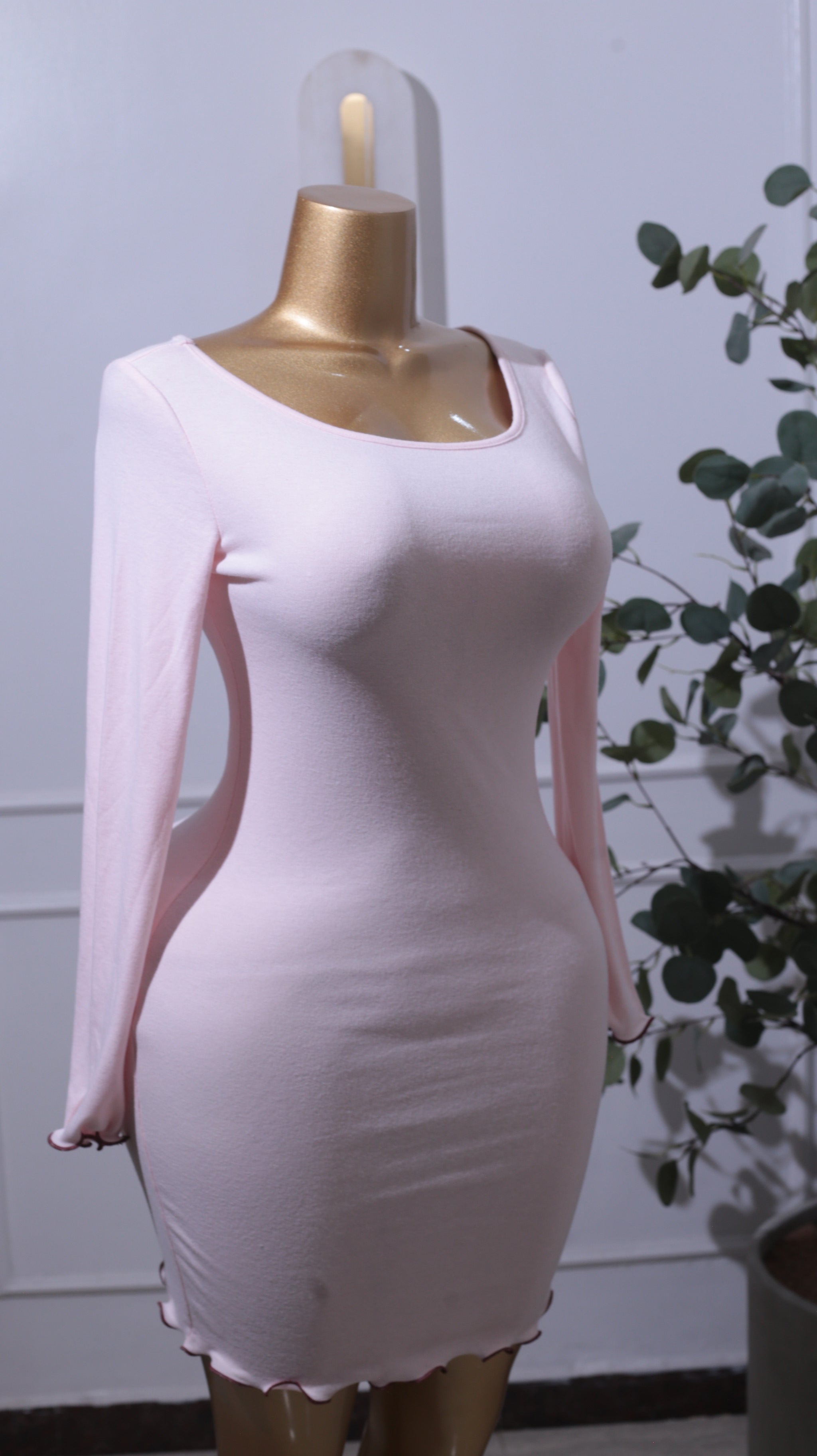 Pink Knit Ruffle-Hem Mini Dress