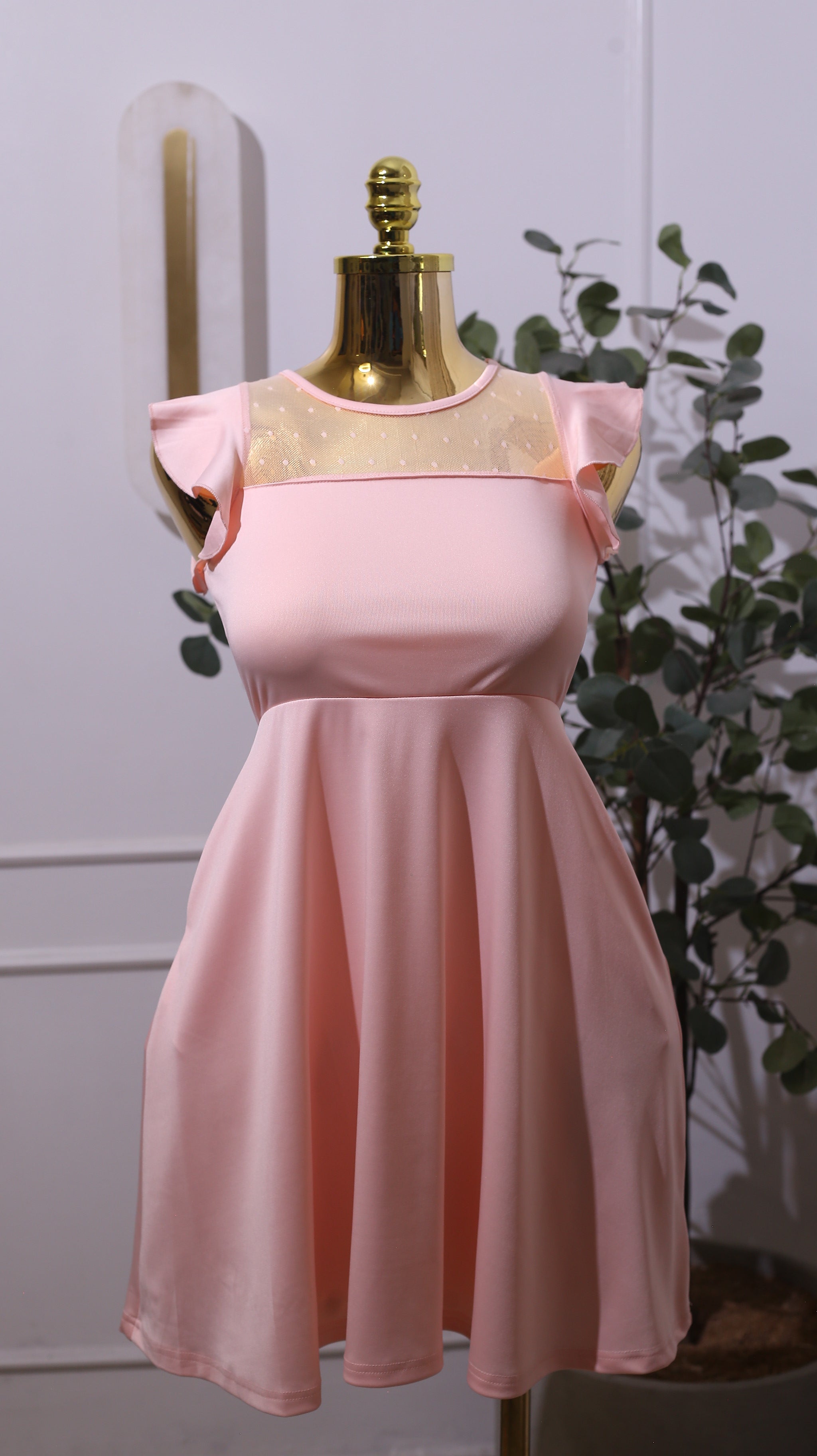 Pink Mesh Ruffle Sleeve Dress