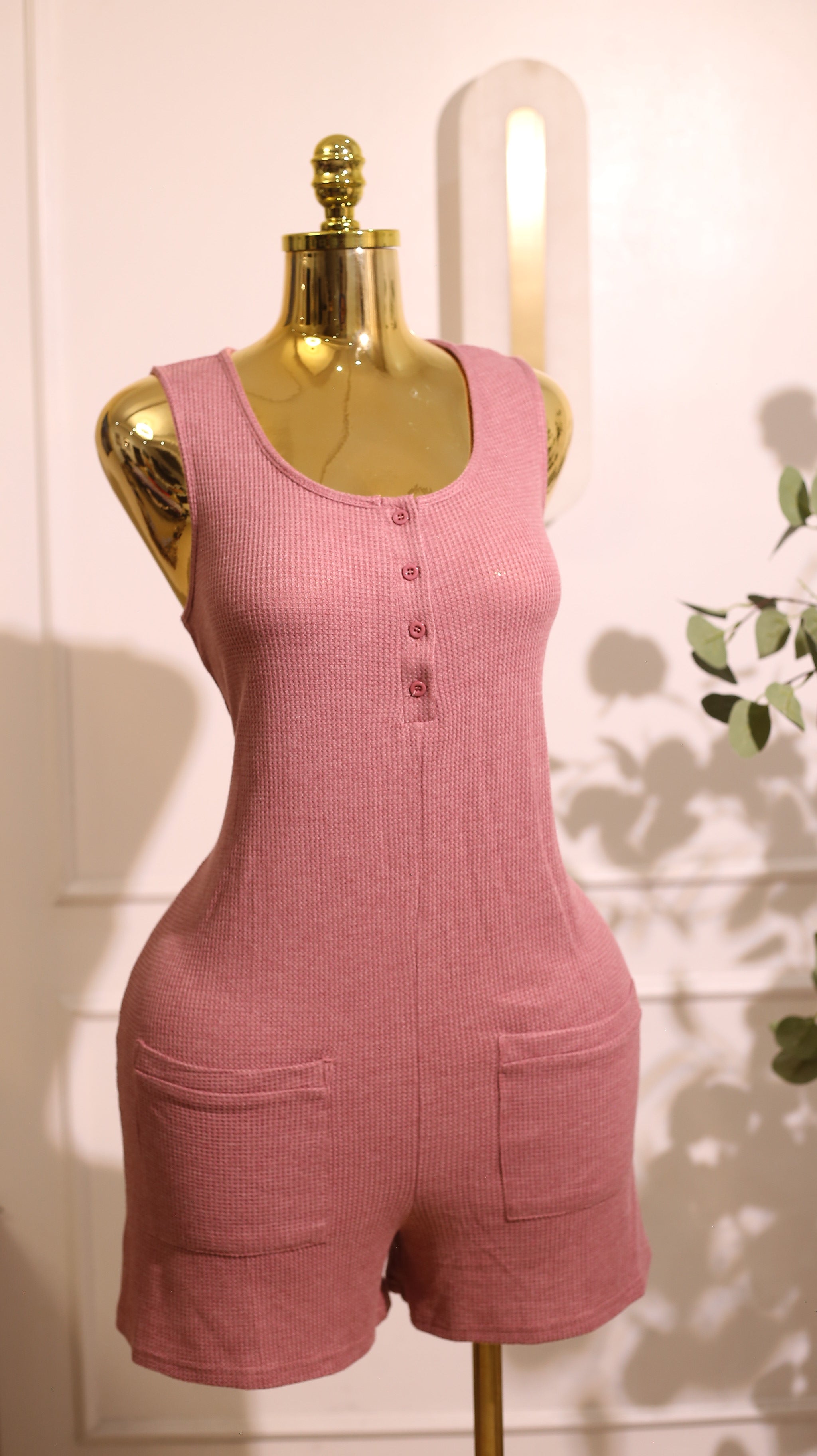 Pink Button?Front Ribbed Romper (Medium)