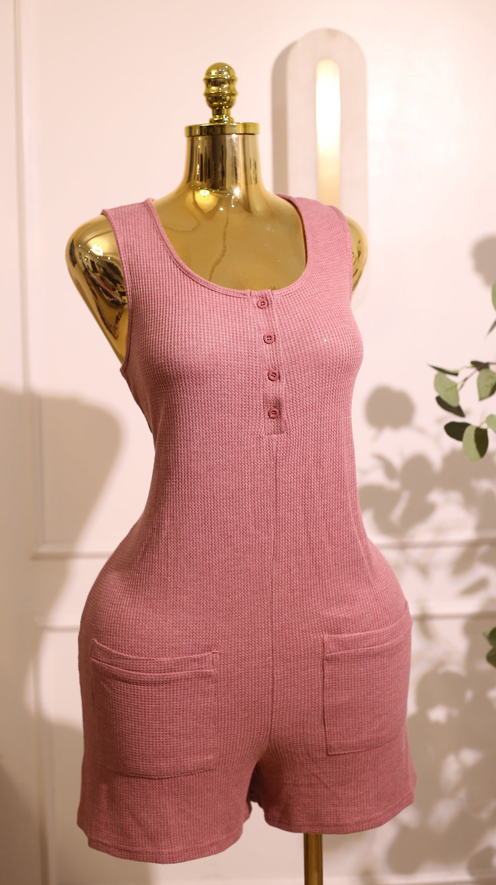 Pink Button?Front Ribbed Romper (Medium)